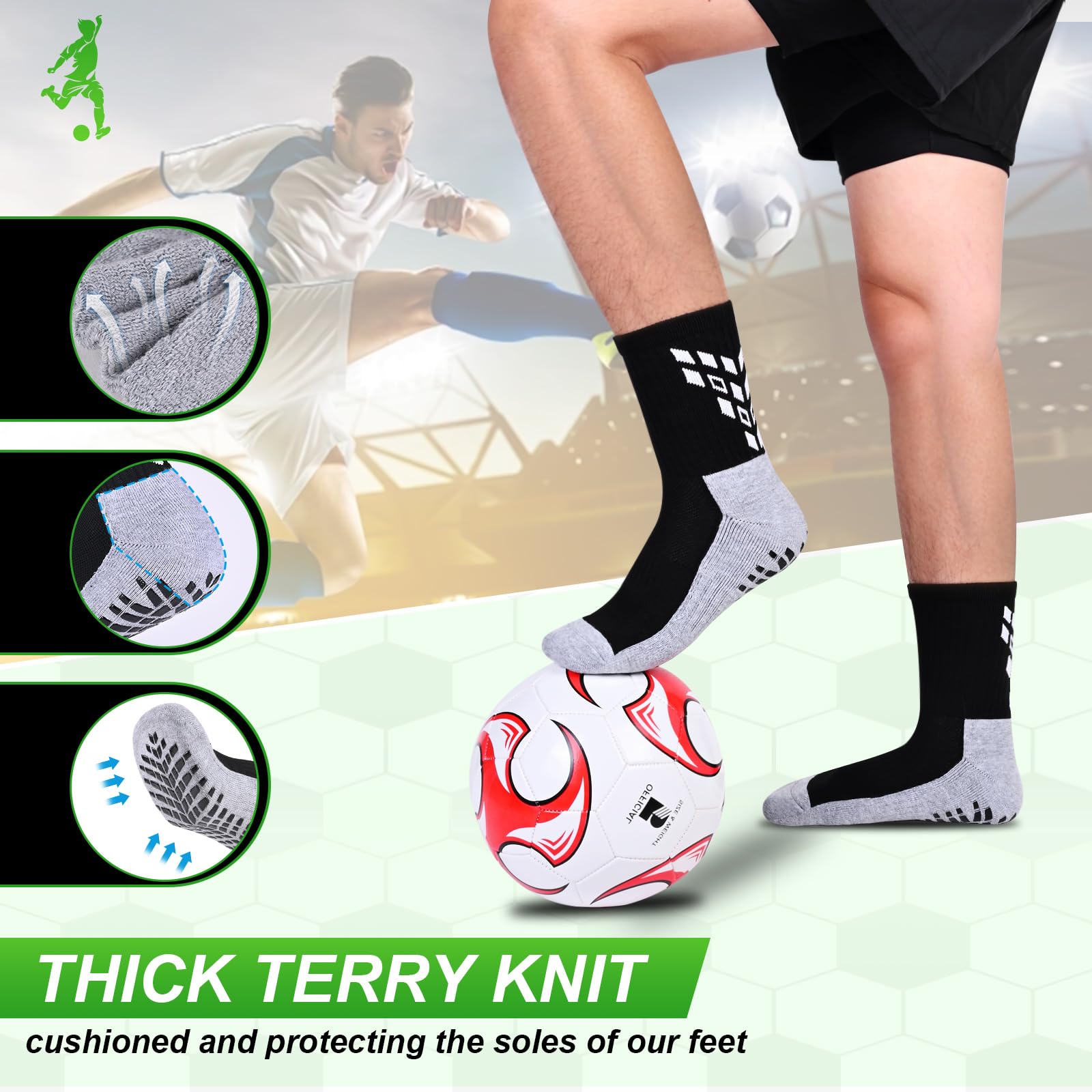 Gogogoal 4-paia Calzini sportivi da calcio antiscivolo per uomo donna, calzini sportivi imbottiti traspiranti Grip antiscivolo 37-42 43-50