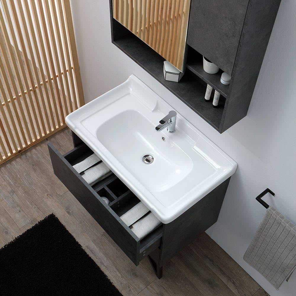 Kiamami Valentina - Mueble de baño 80cm, 2 cajones Gris Industrial, Patas de Acero y Espejo contenedor | Viena