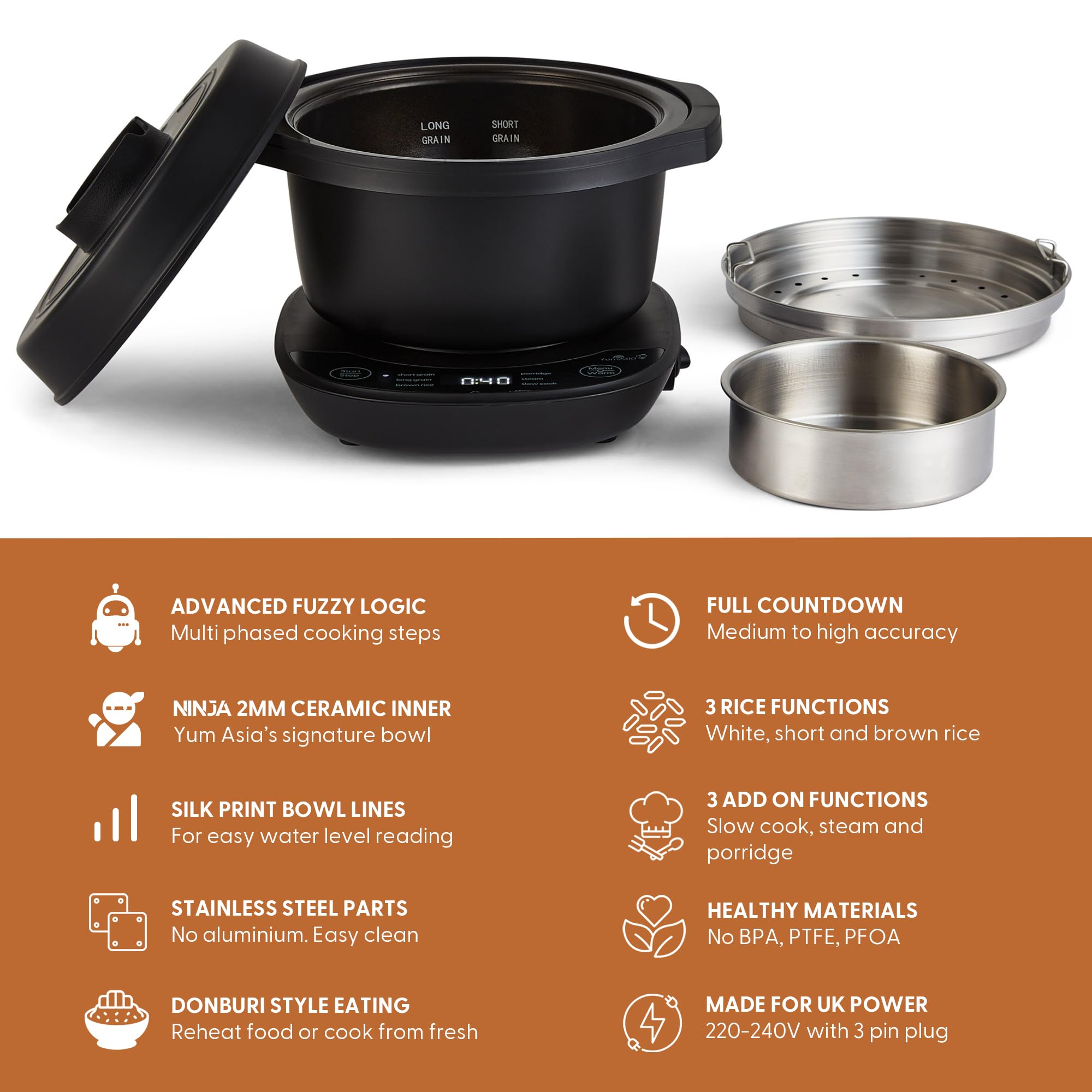 Yum Asia Kotori Mini cuiseur à riz Donburi avec logique floue avancée, bol en céramique ninja (1 tasse, 0,18l), 3 fonctions de riz, 3 fonctions multicuiseur, affichage LED, 220-240V (Noir anthracite)