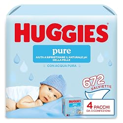 Offerta Huggies Pure, Salviette neonato, 99% acqua pura, 65% fibre assorbenti naturali, 672 Pz (12 x 56) in sconto oggi