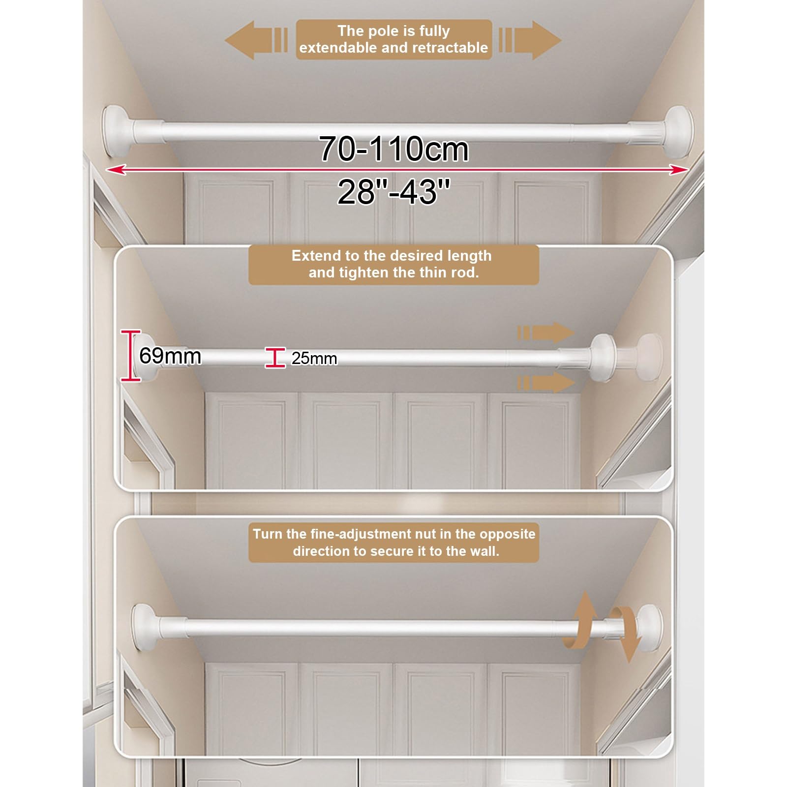 Vorhangstange Klemmstange Verstellbar, 35 bis 270 cm, Bohrfrei, Ausziehbar, Gardinenstange Ohne Bohren für Fenster, Türen, Kleiderschränke und Raumteiler(White,70-110cm/28-43in)