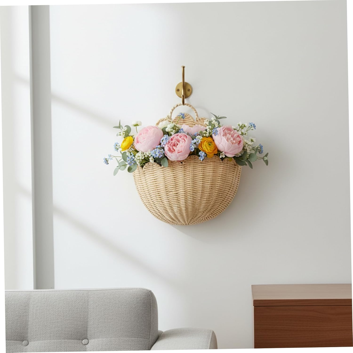 Scalloped Wall Basket Plastic Wicker Hanging Basket for Home Bathroom Kitchen Living Room (15.8x9.8in Color)