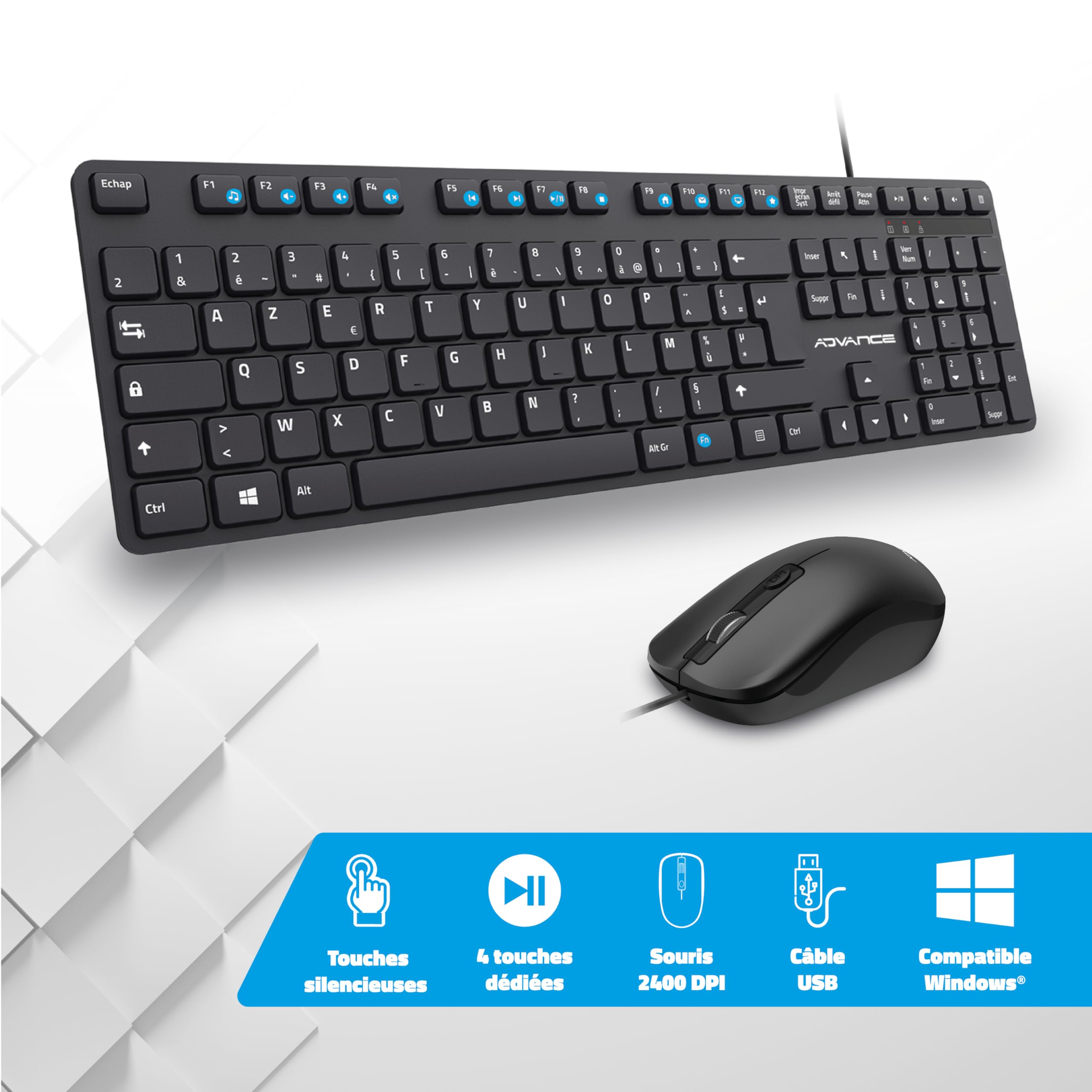 Workmate Plus : Kit Bureautique Complet pour PC/Portable/Clavier USB multimédia AZERTY + Souris USB 4 Boutons 2400 DPI/Touches et Clics Ultra Silencieux