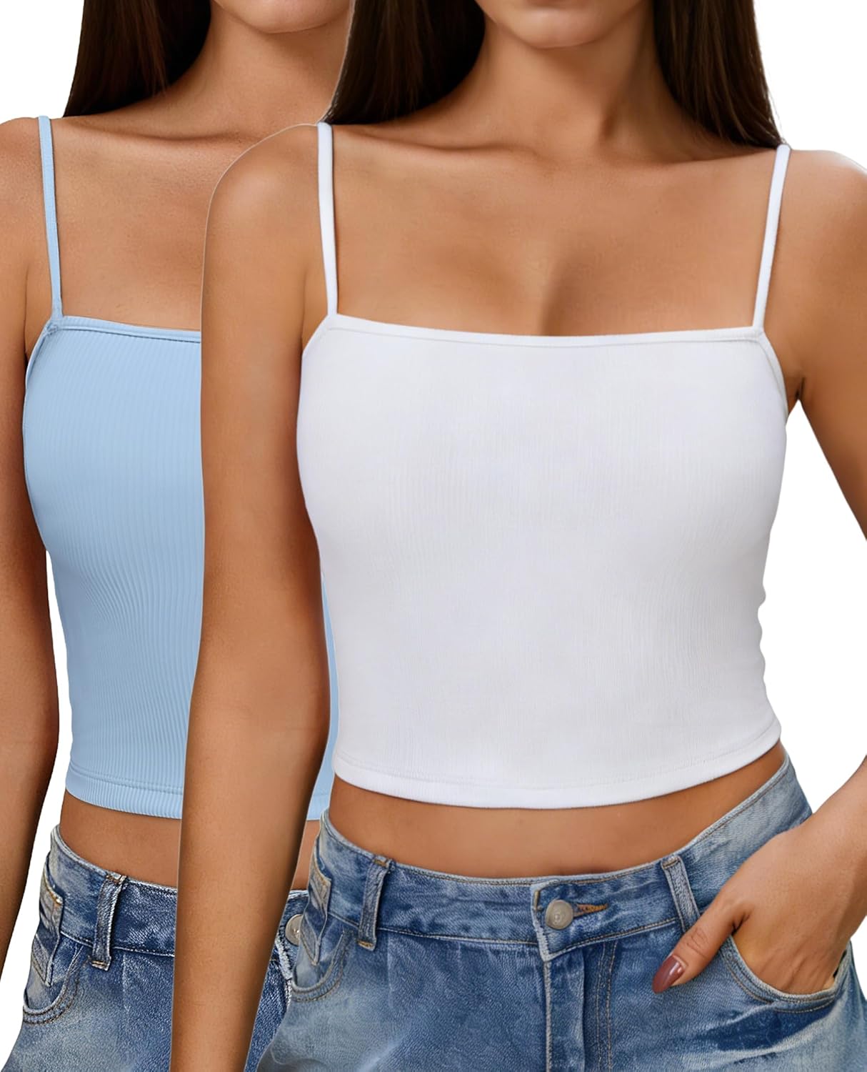 Ekouaer Women's Ribbed Spaghetti Strap Camisole Tank Top 2 Pack