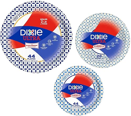 Dixie - Paquete de platos y cuencos de papel ultra resistentes, platos grandes (44), platos pequeños (44), cuencos (28)