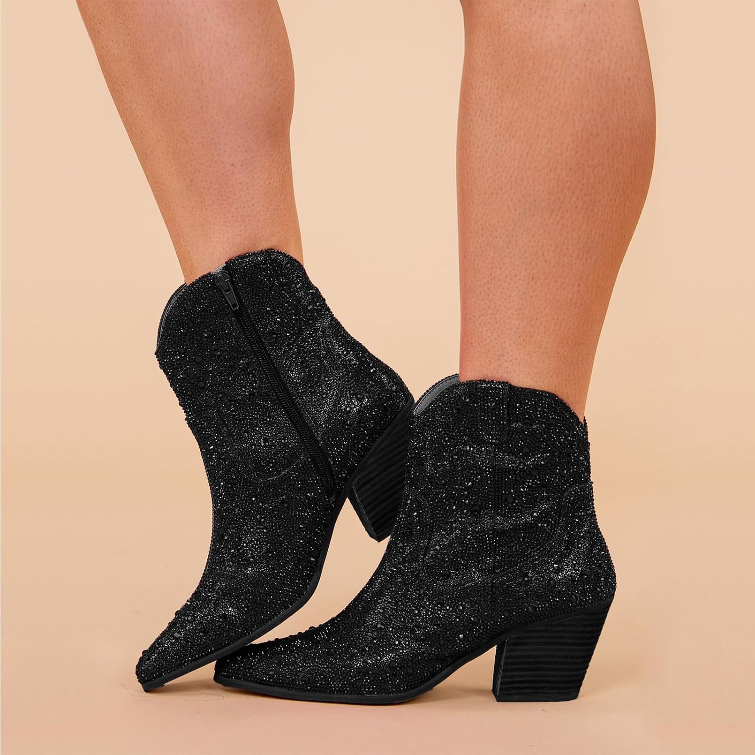 RKQ Sparky Rhinestone Cowgirl Ankle Boots Western Chunky Heel Pointed Toe side Zipper Short Cowboy Boots For Women