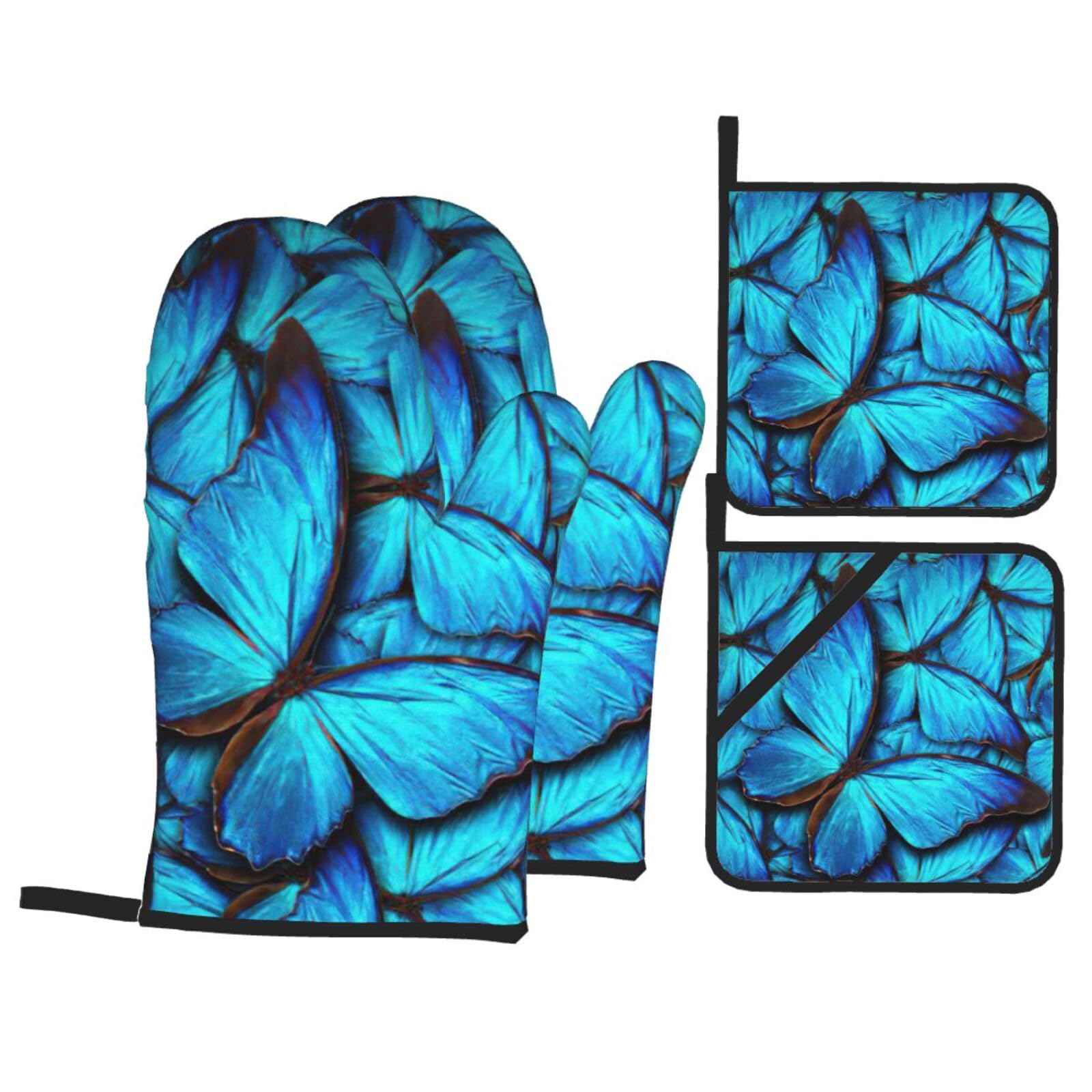 Nimongt Black Many Blue Butterfly Print Heat-Resistant 4-Piece Oven Kitchen Gloves For Baking Cooking Microwaving Essentials