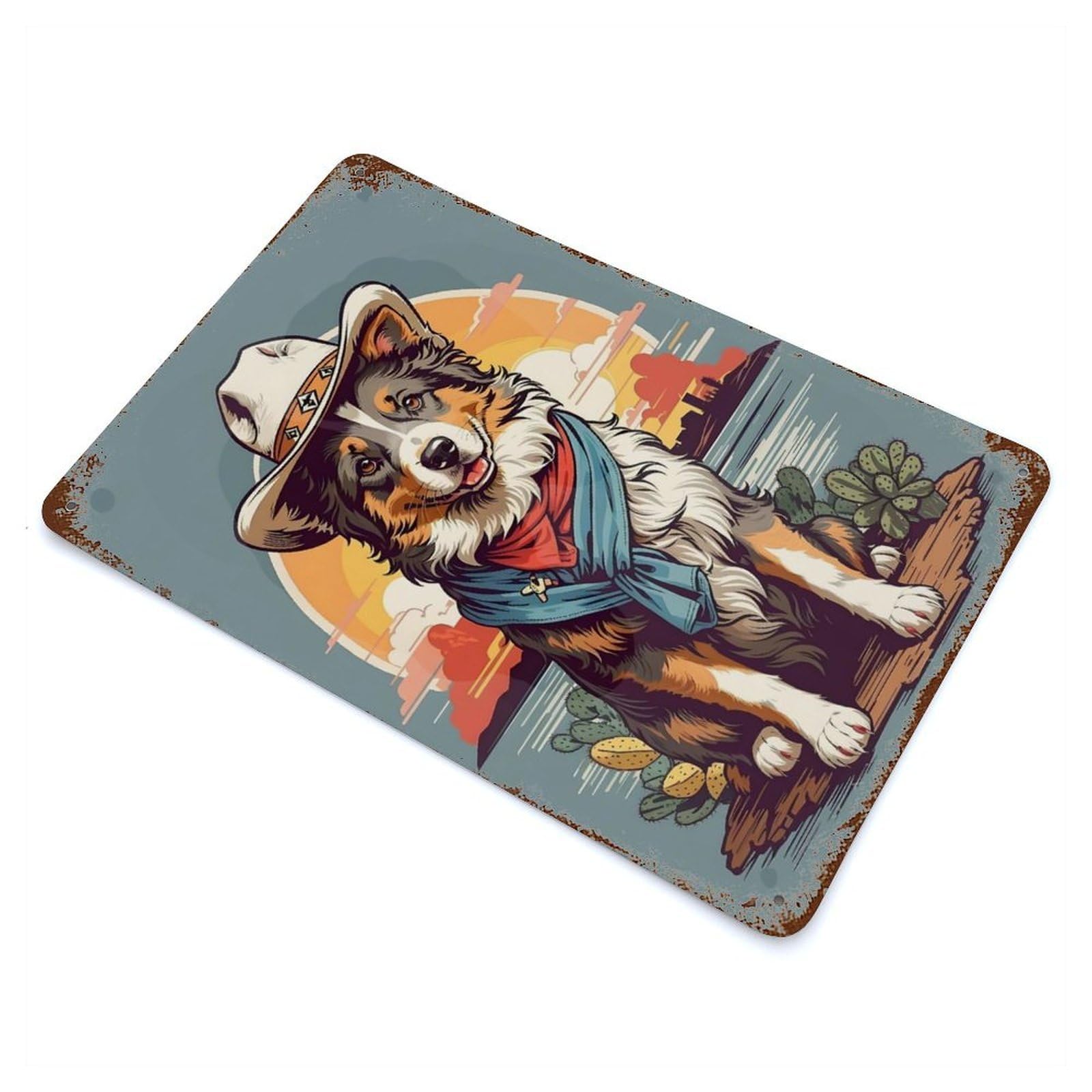 Vintage Rust Metal Sign with Australian Shepherd Cowboy Design 11.8"x7.9", for Garage, Bar And Workshop Decor, Retro Wall Decor