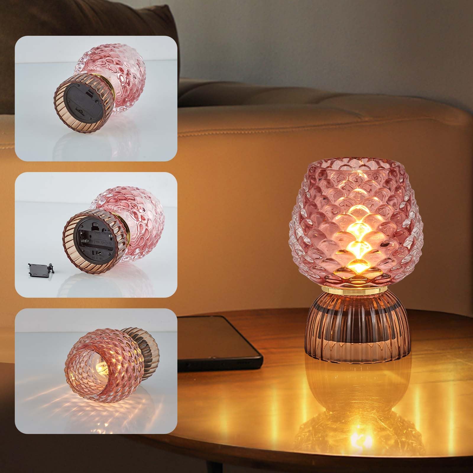 Lámpara a pilas con temporizador, pequeña lámpara de mesa de cristal inalámbrica para decoración del hogar, dormitorio, luz ambiental, regalo de vacaciones, hongo, pincone, rosa 9