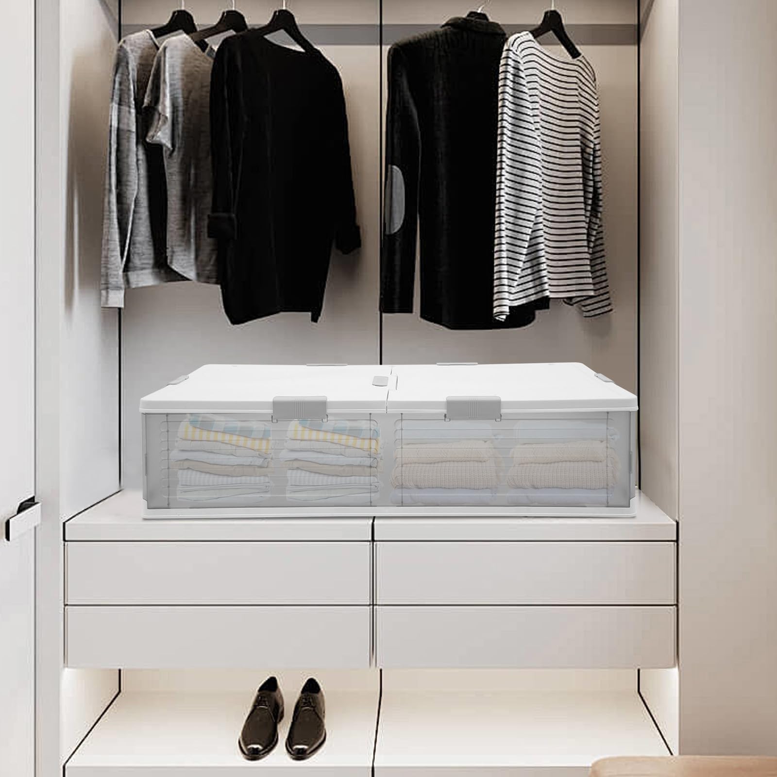 101x51,5x24 cm Unterbett Aufbewahrungsbox aus PP mit Deckel, Unterbettkommode Unterbettbox Organizer mit Rollen, Double Lid Boxen Aufbewahrung Stapelbar Aufbewahrungsbox (Weiß+Semitransparent)