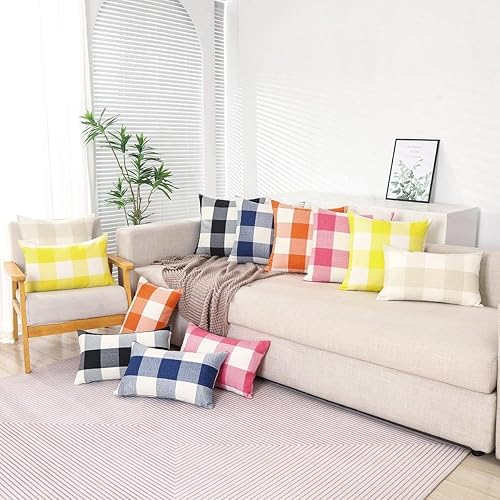 Miniatura 7 de Juego de 2 fundas de almohada para exteriores, color beige y blanco crema de 20 x 20 pulgadas, fundas de almohada a cuadros de búfalo de 20 x 20