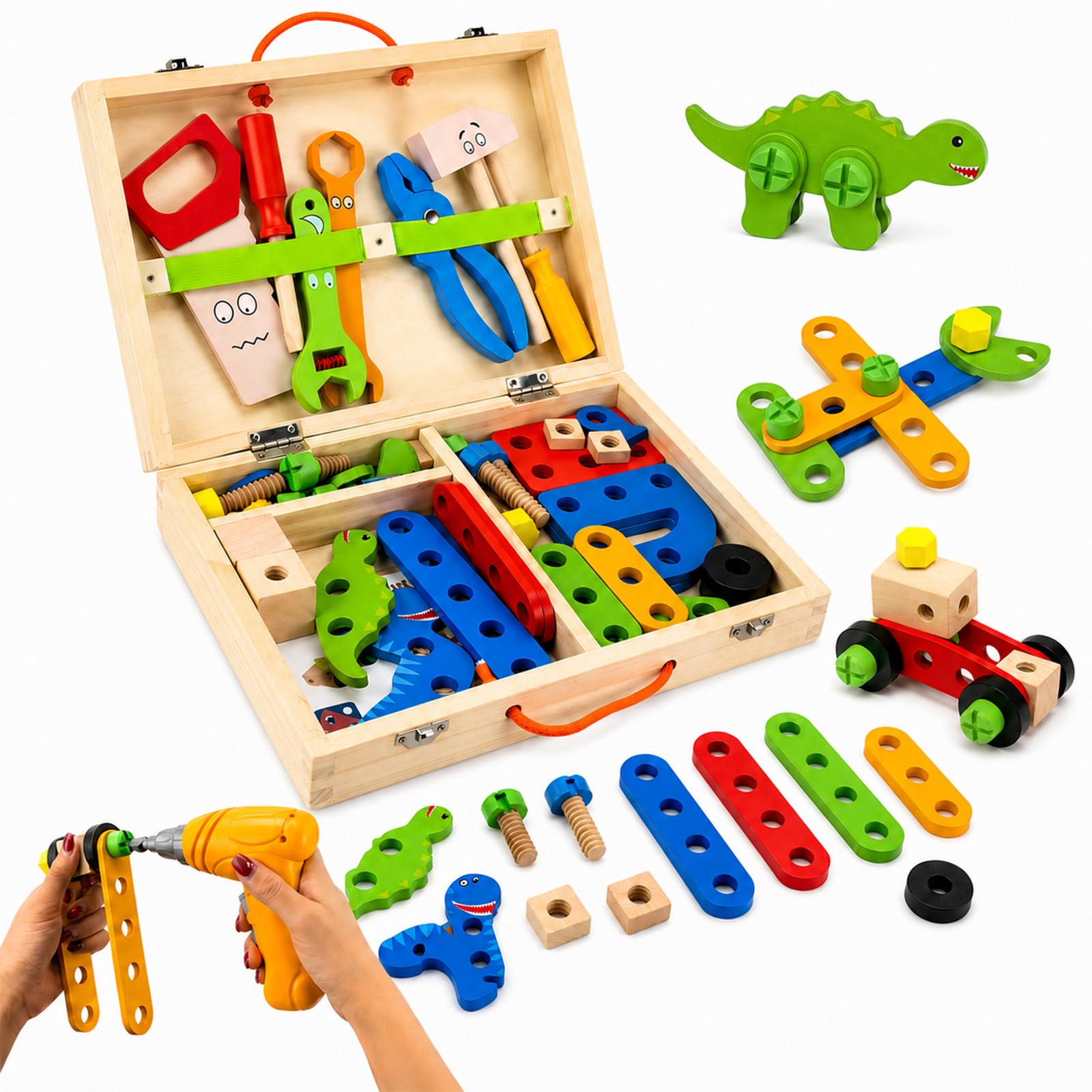 Kids Wooden Tool Set, 48-Piece Dinosaur Building Toy with Electric Drill