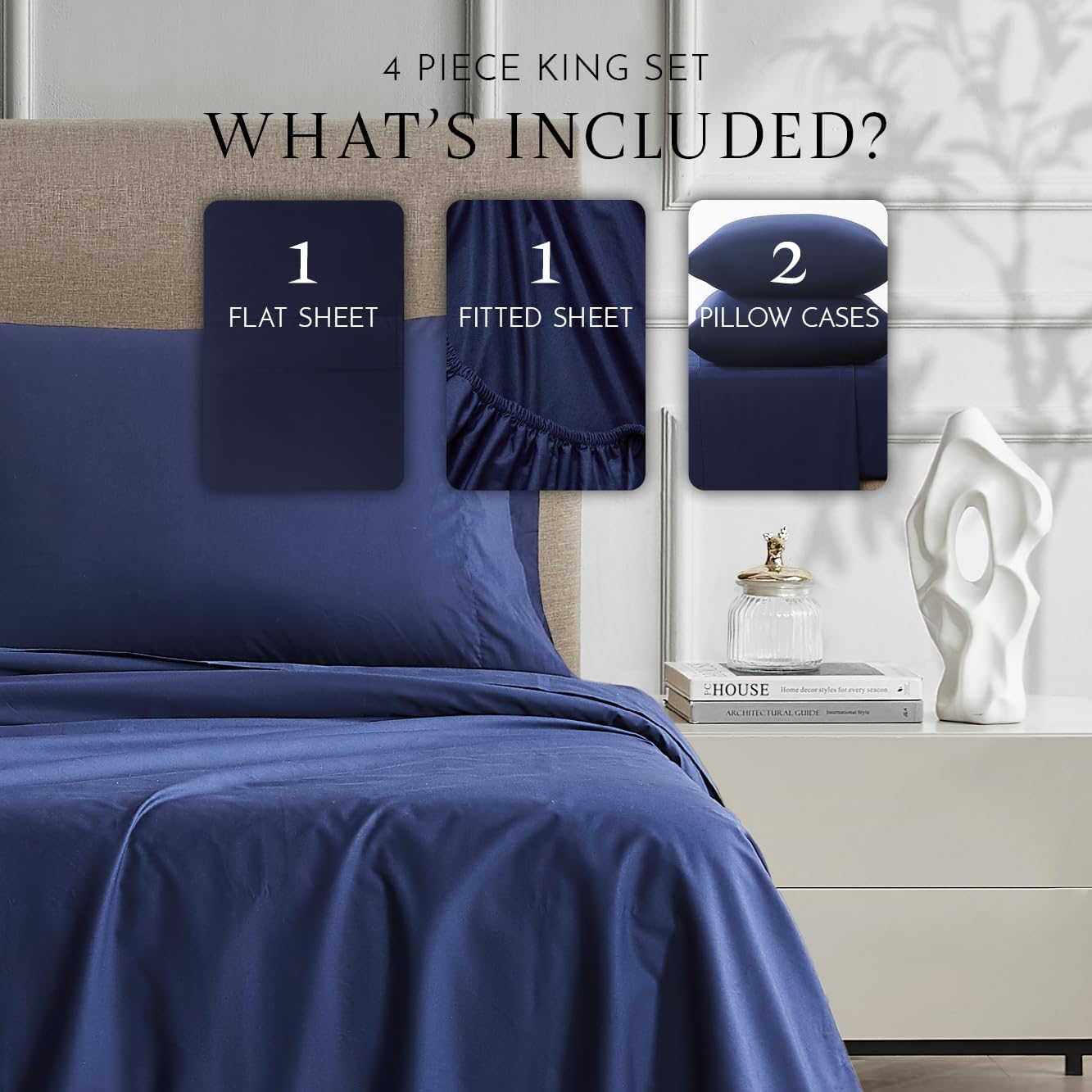 100% Cotton King Sheet Set- Crisp & Comfortable, Lightweight & Breathable, Deep Pocket for Snug Fit, Easy Care - Includes 1 Flat, 1 Fitted Elasticized Sheet, 2 Pillowcases- Navy by Linen Closet