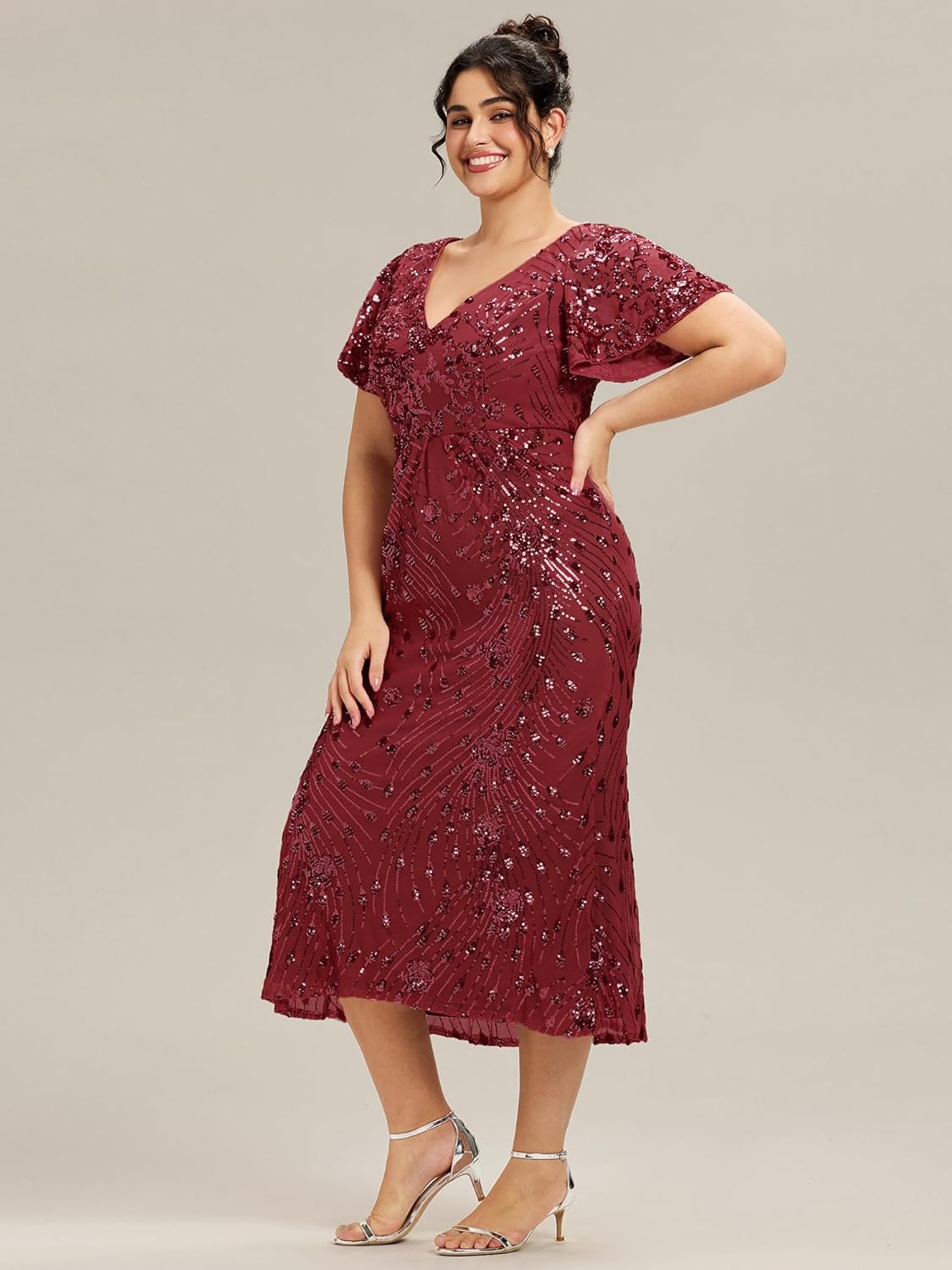 Ever-Pretty Plus Women's Sequin V Neck Plus Size Prom Dress Mermaid Formal Cocktail Evening Dresses for Curvy Women - Image 4