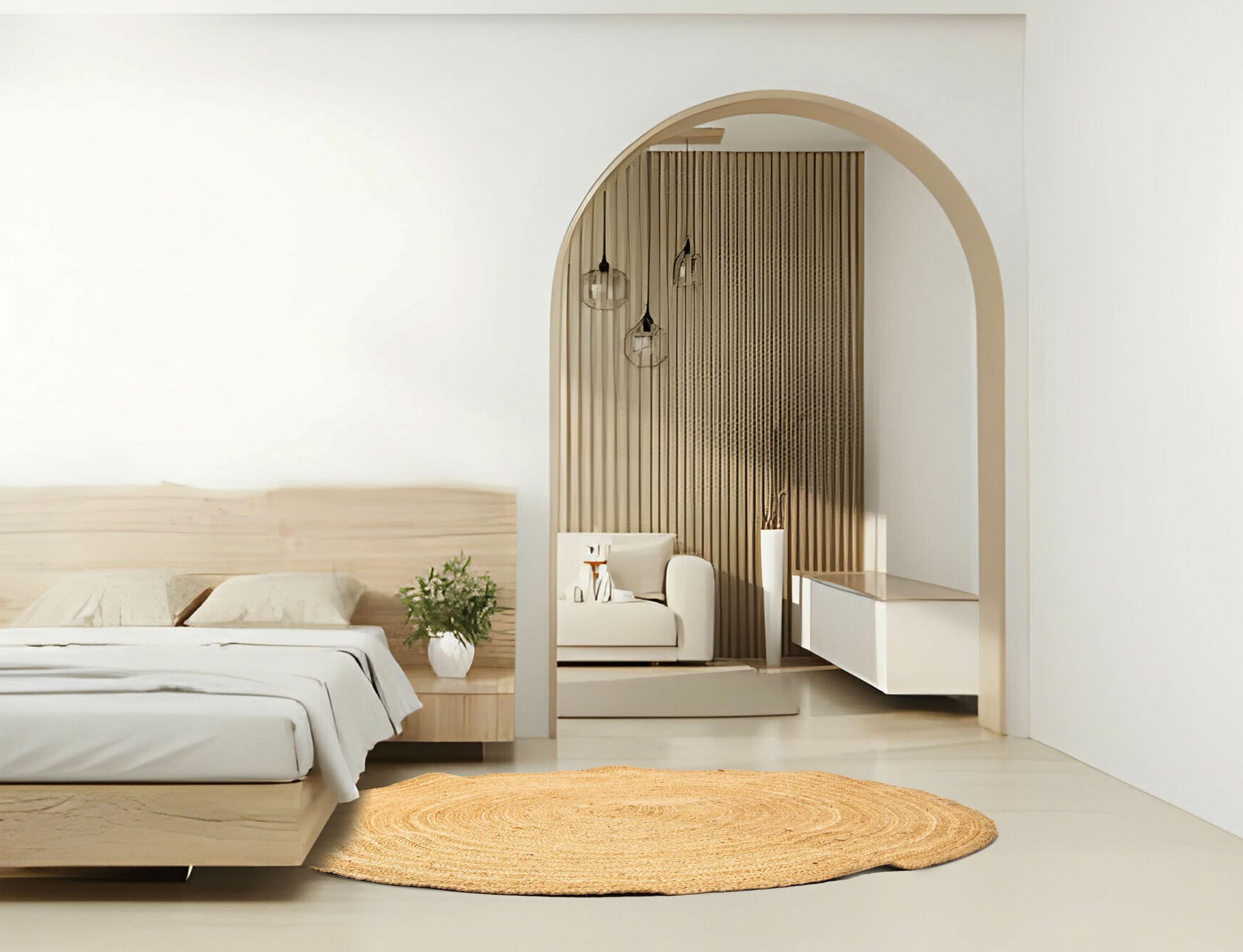 Tapis rond en jute tissé à la main 100 % fibre naturelle - Motif bohème ethnique moderne - Couleur naturelle - Pour salon, chambre à coucher, couloir (250 cm) - EKR-J101