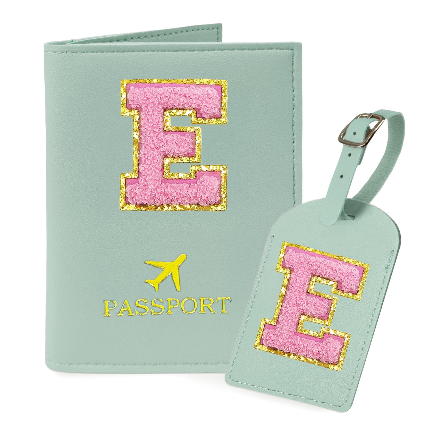 Initial Passport Cover Luggage Tag Set Letter Passport Holder Airplane Cruise Travel Essentials Vacation Traveling Accessories Personalized Gifts for Women Teen College Girls Teal E-image-48