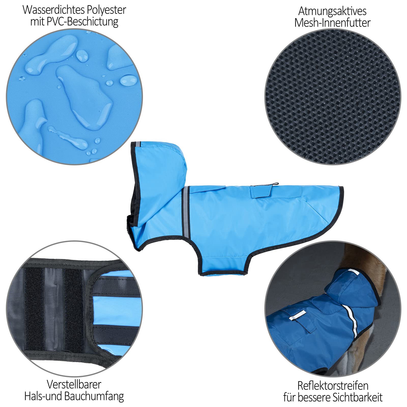 KoKoBin Impermeabile Cane Giacca riflettente per cani con cappuccio Foro del collo con cappuccio Super leggera e traspirante impermeabile per cani di taglia media e grande(Blu,2XL)