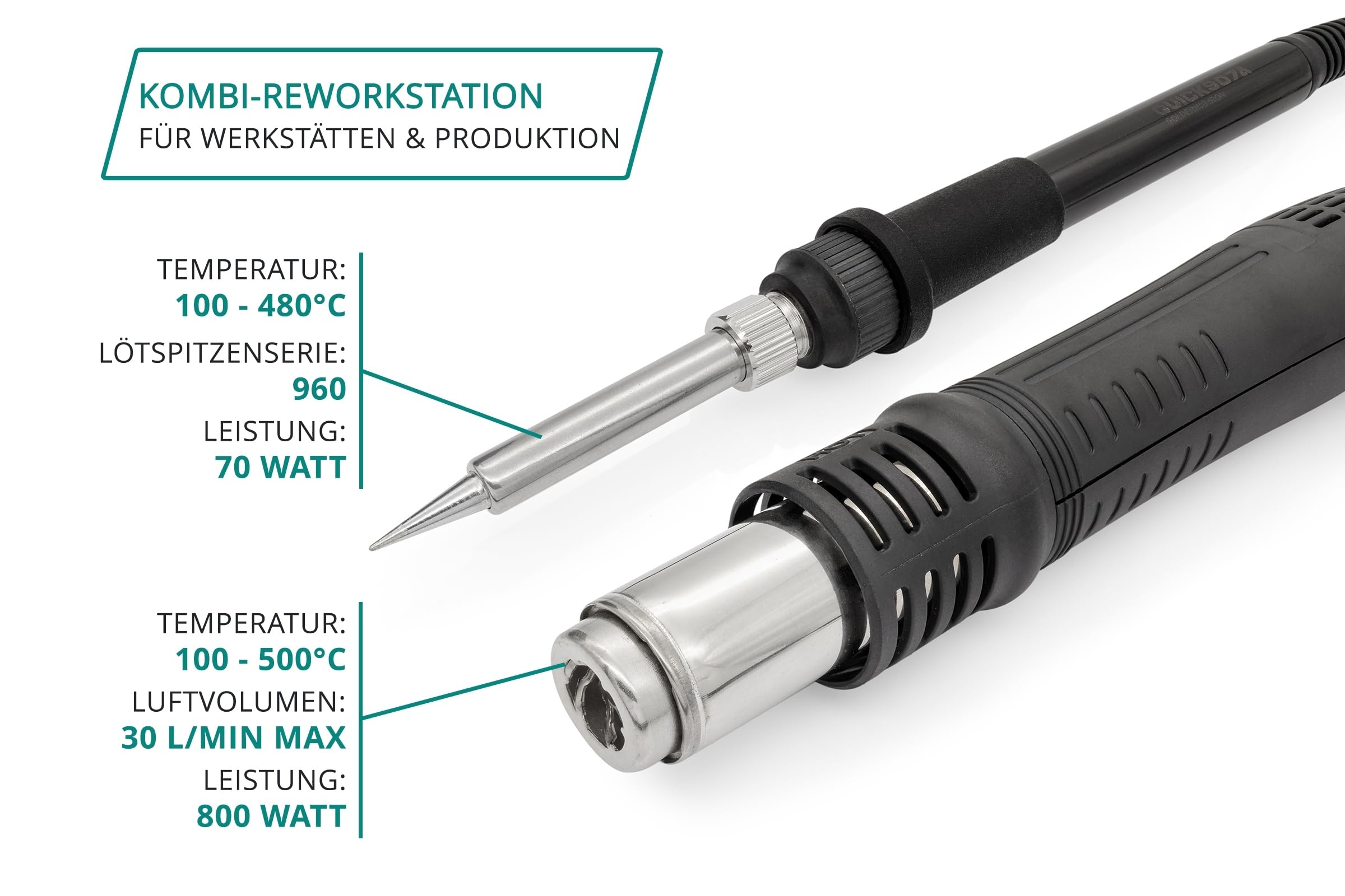 QUICK 707D+ 2in1 Reworkstation Sensor-geregelt und digital einstellbar, 800 Watt Heißluft 100-500°C bis 30L/Min, 70 Watt Lötkolben bis 480°C - SMD Reworkstation - Standby - Auto-Kühlsystem