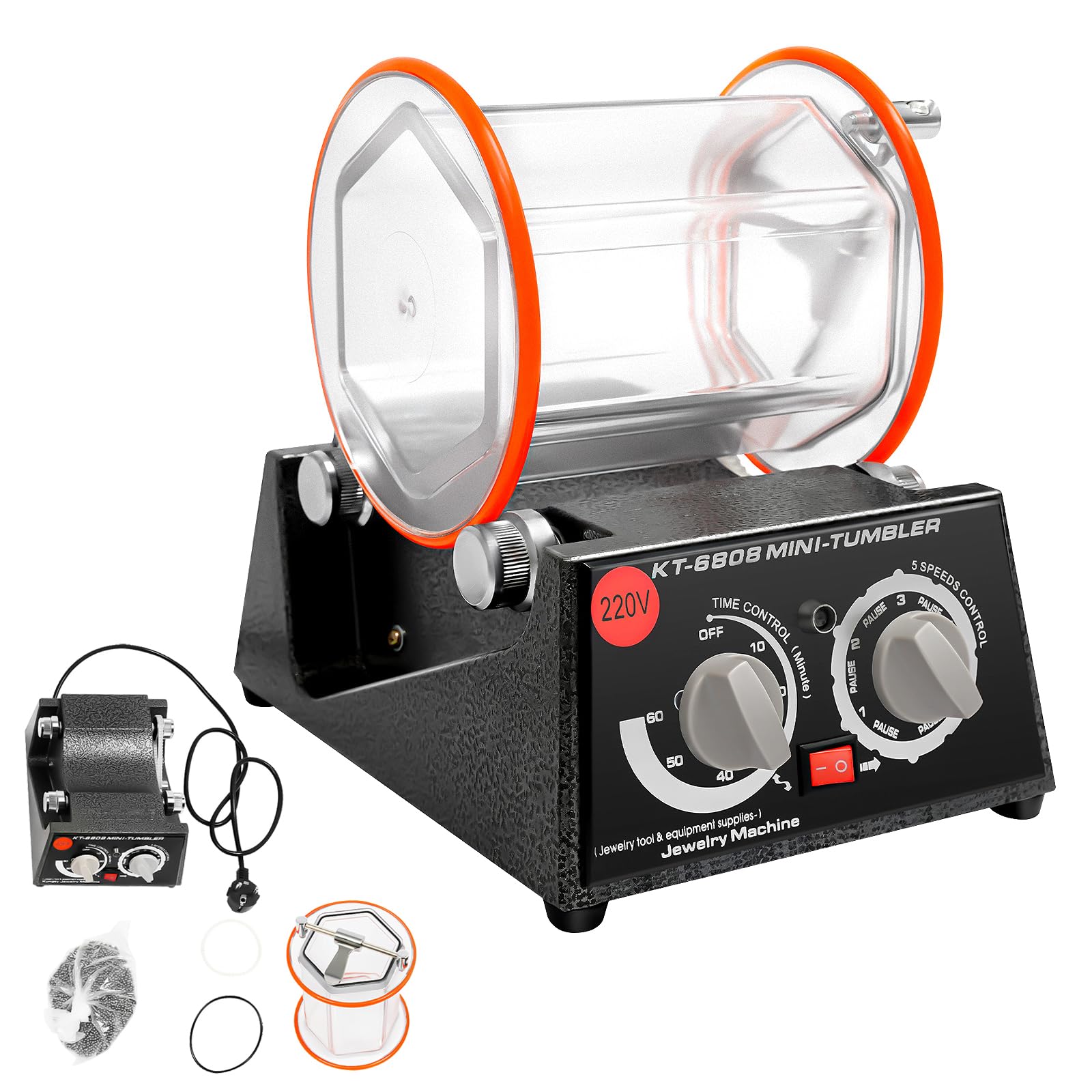 Tambor de pulido de 60 W, vaso rotativo para pulir superficies, 220 V, con temporizador (0-60 minutos) y 5 velocidades de control, pulido de joyas con interruptor de avance y retroceso, indicador de