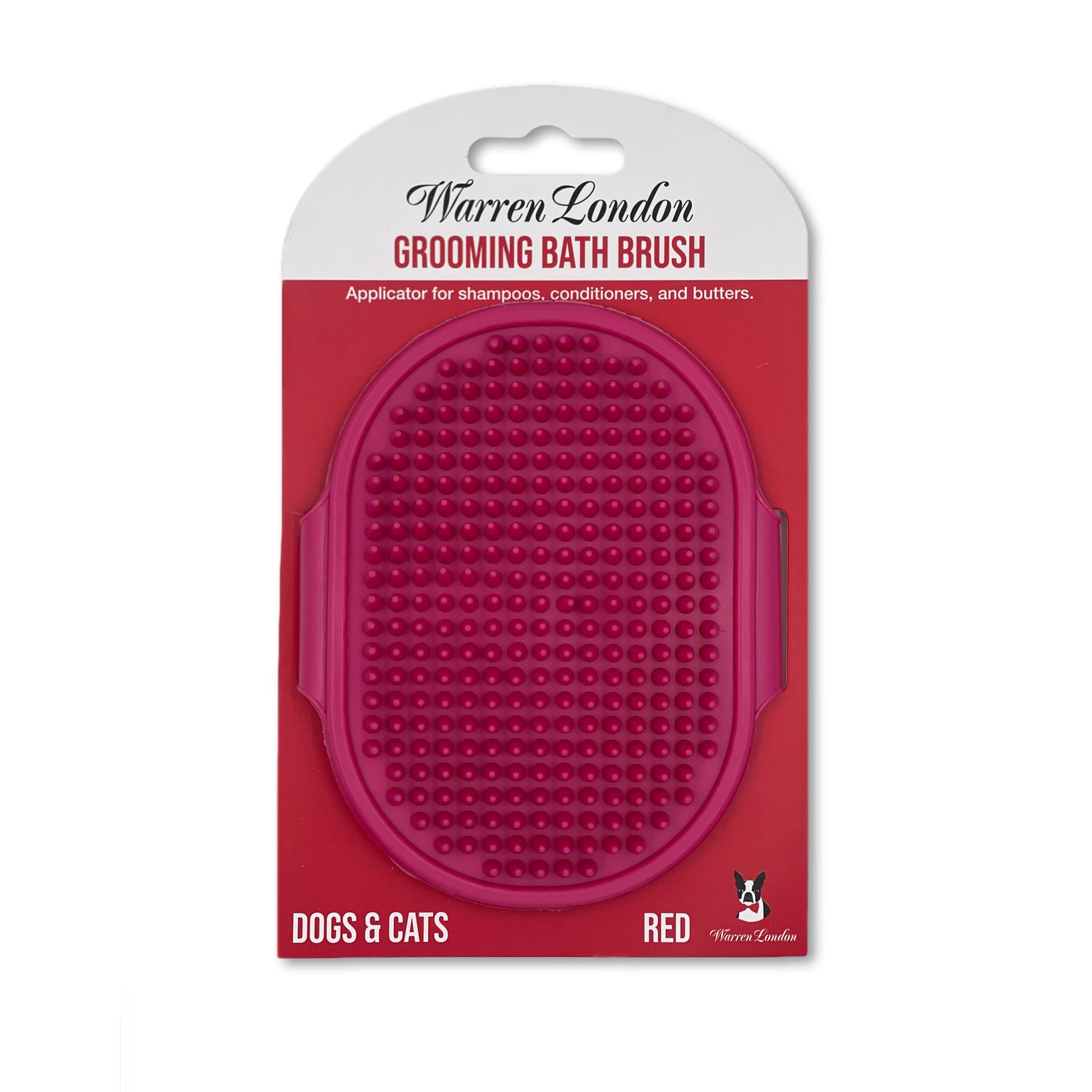 Warren London 2-in-1 Bath & Groom Brush for Dogs & Cats – Red Silicone Scrubber & Applicator for Shampoo, Hydrating Butter or Leave-In Conditioner –