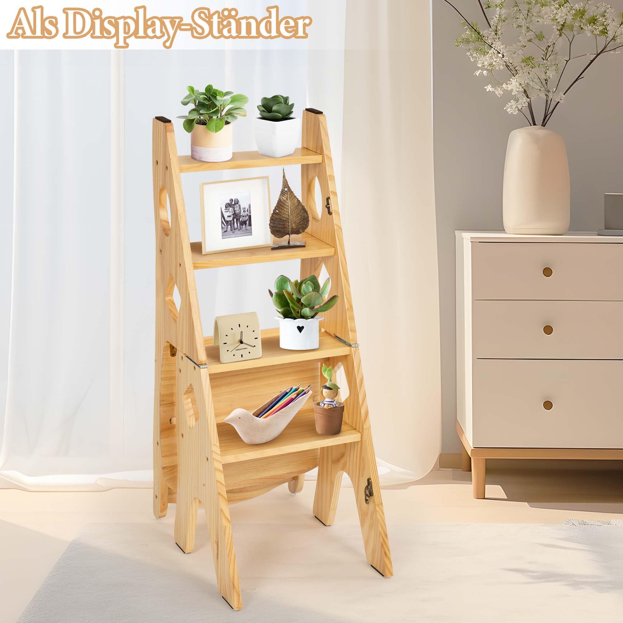 bimiti Klappbar Bibliotheksstuhl Zusammenklappbare Holzstuhl 4 Stufen | Klappstuhl bis 180 kg, Multifunktionale Blumenständer Stuhl Ausstellungsständer, Hocker Zweizweck für Bibliothek