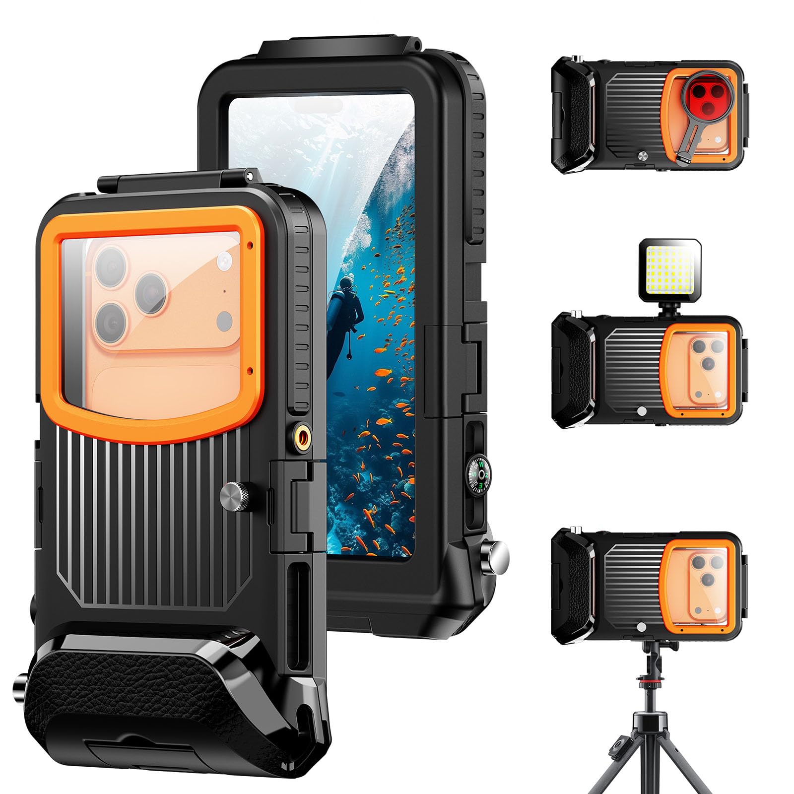Funda de teléfono de color brillante con cierre reforzado y protección contra líquidos que garantiza una acción segura bajo el agua de 50 pies durante actividades marinas buceando