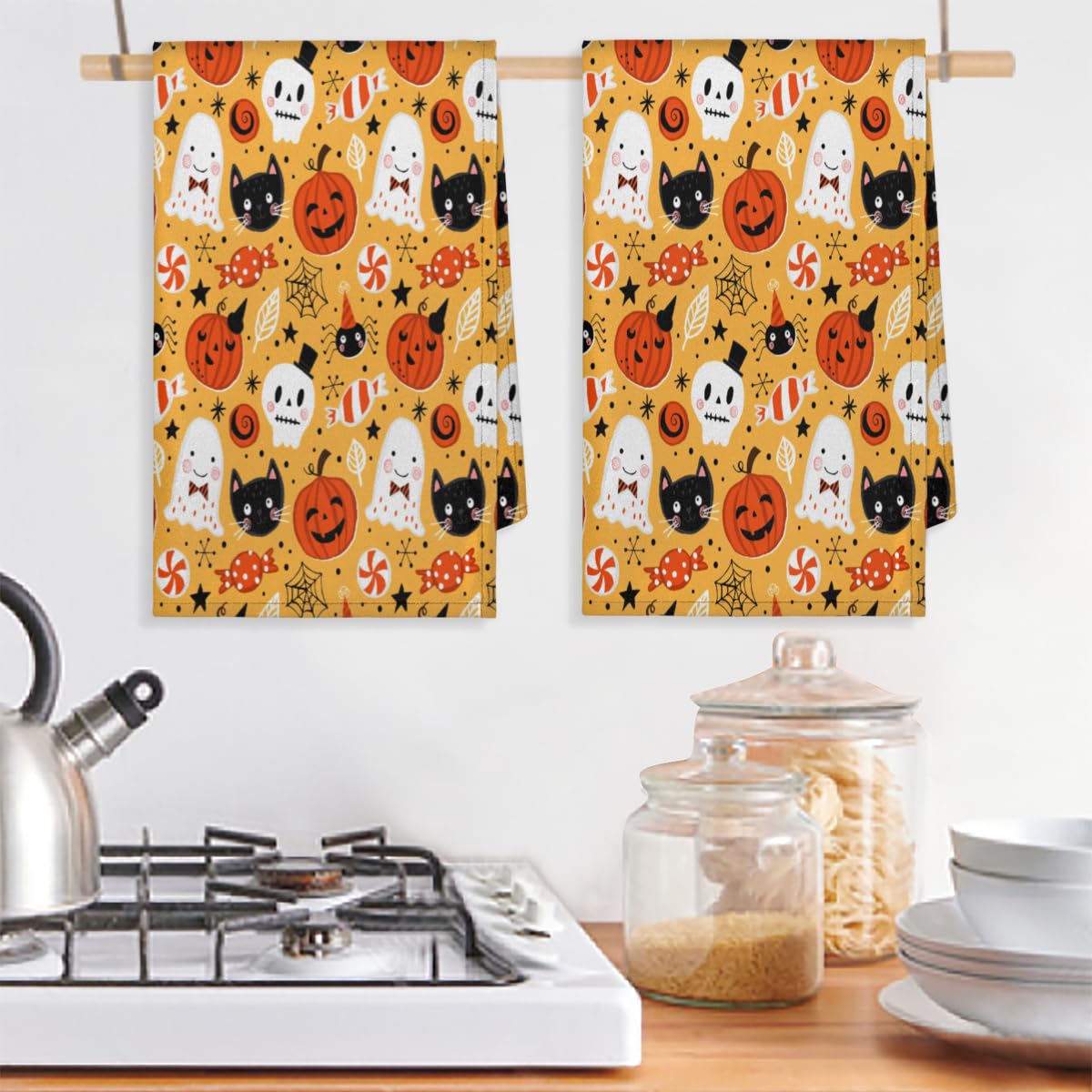 Macarrie Halloween-Küchentücher Set – 4 Stück, 35,6x53,3 Cm, Mikrofaser, Saugfähig Mit Katzen-Muster