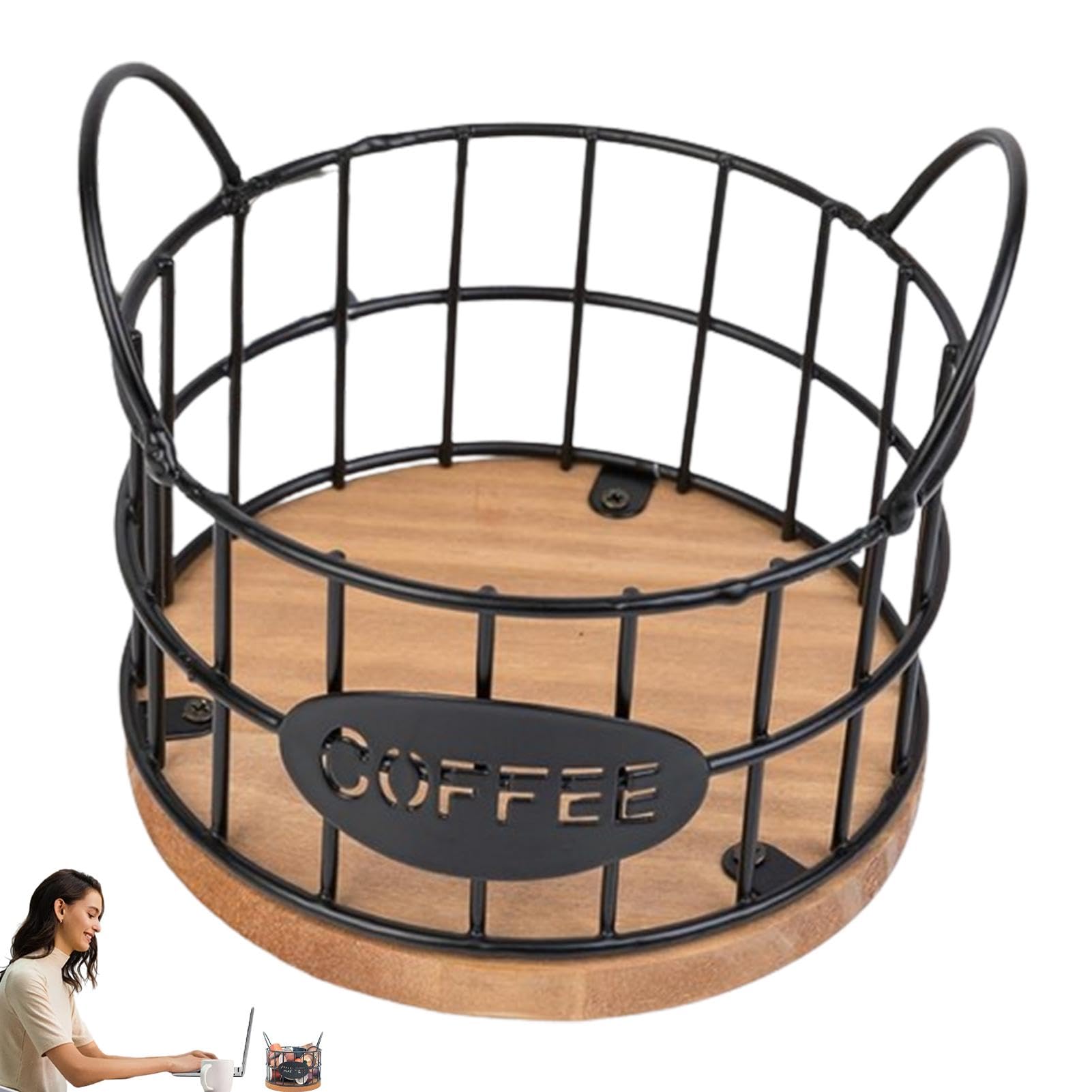 Hamil A Coffee Pod Organizer, Sturdy Coffee Pods Storage Organizer, Storage Organizer Basket, Large Capacity Black Wire Kup Storage Basket With Wooden Base For Kitchen Counter