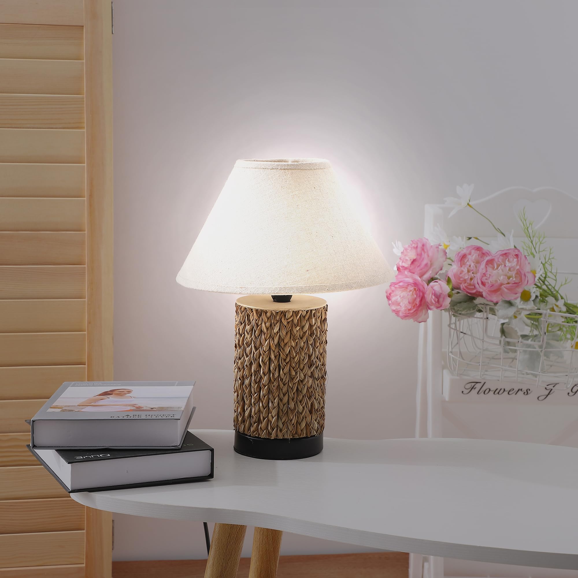 Kuber Industries Aesthetic & Modern Bedroom Lamp for Side Table | Office & Desk Table Lamp for Living Room and Home Decor with Fabric Shade & Wood, Iron Base | Beige & White-23AT30