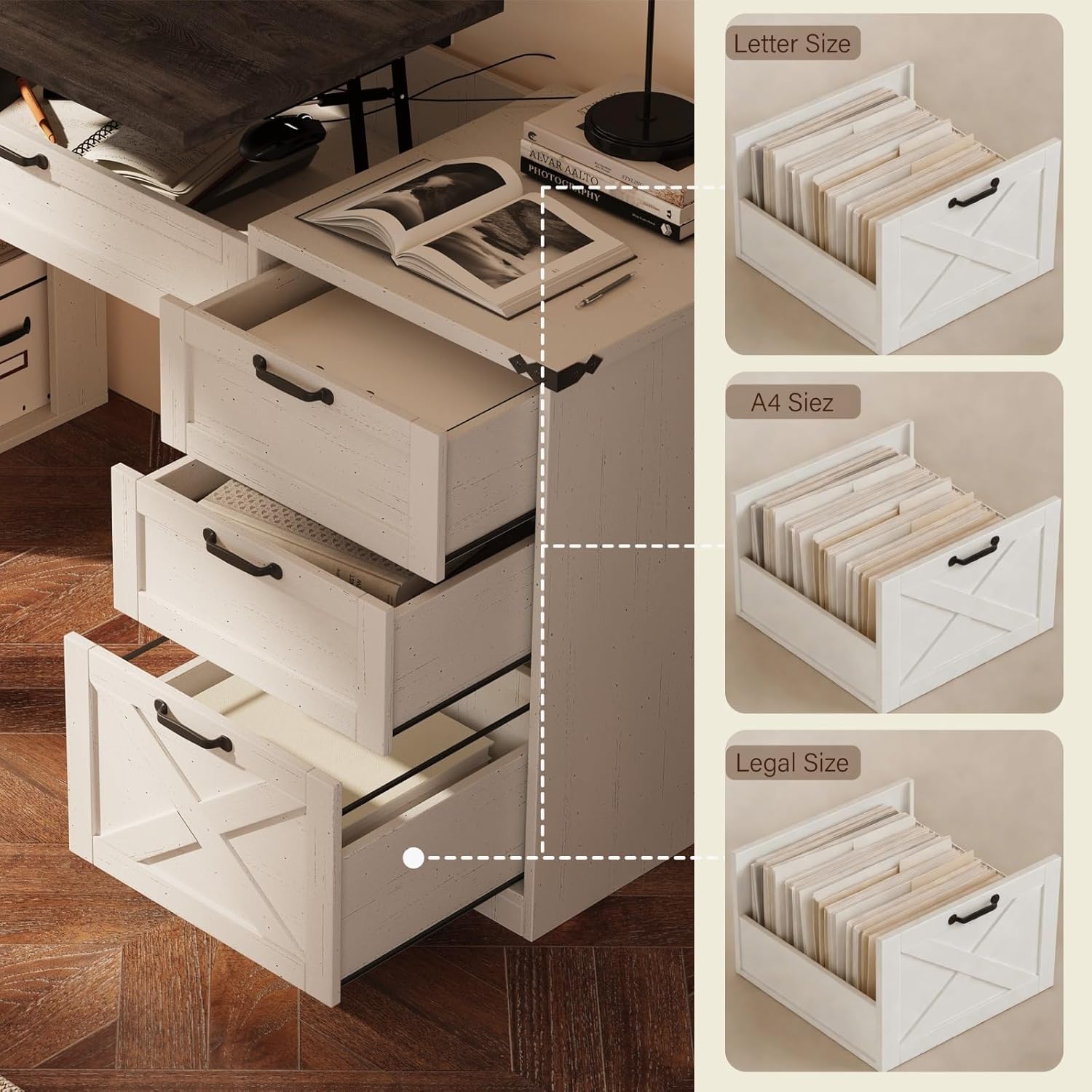 Farmhouse Lift Top Desk: Rustic Wood Standing Desk with 3 Drawers & Open Storage Shelves, Adjustable Height, White & Brown Home Office Computer Desk for Work, Study, Writing (White+Dark Walnut)