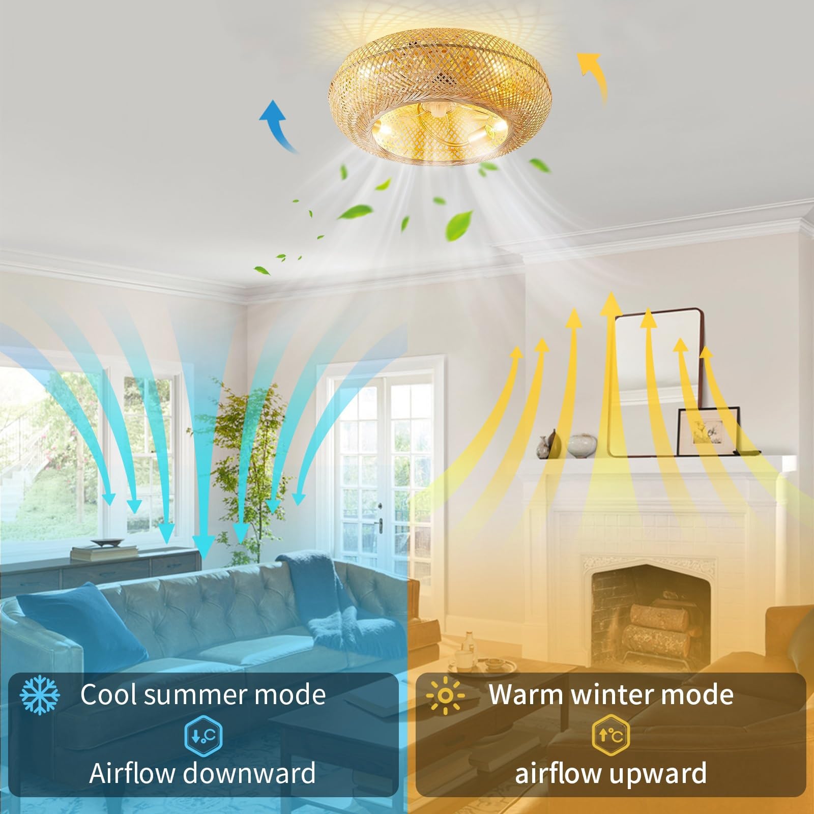 Deckenventilator mit Beleuchtung, Leise E27 Retro Bambus Deckenlampe Mit Ventilator, 50cm Käfigbeleuchtung, 6 Geschwindigkeiten Reversibler Deckenventilatoren für Wohnzimmer Schlafzimmer Esszimmer