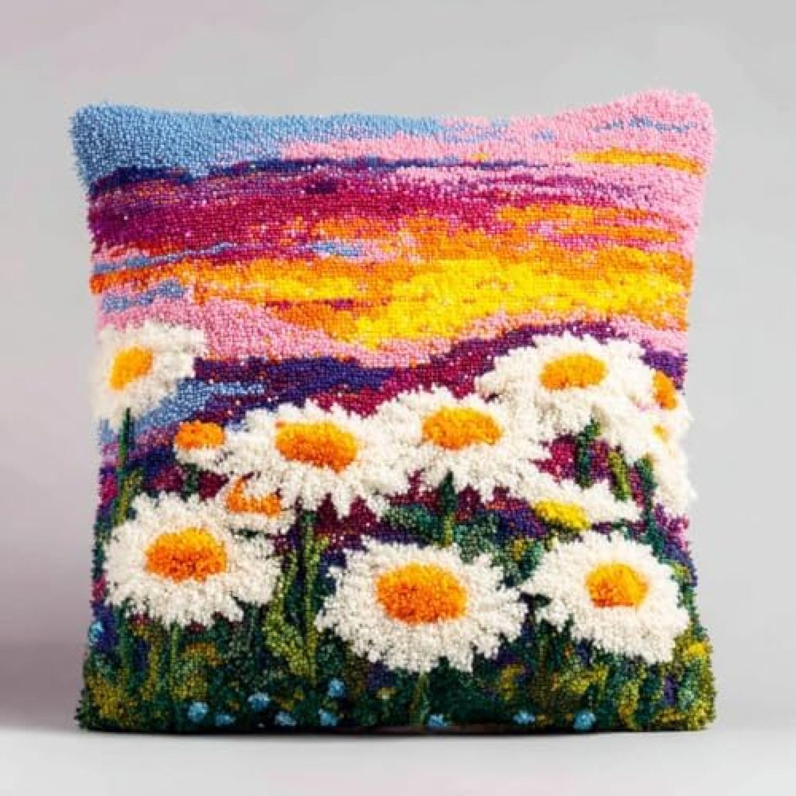 kitphoenix Latch Hook Kit for Adults Beginners,Chamomile Flowers and Sunset,DIY Cushion Cover Craft Kit with Pre-Printed Canvas,Yarn and Hook,43x43 cm Pillow Cover Making Set