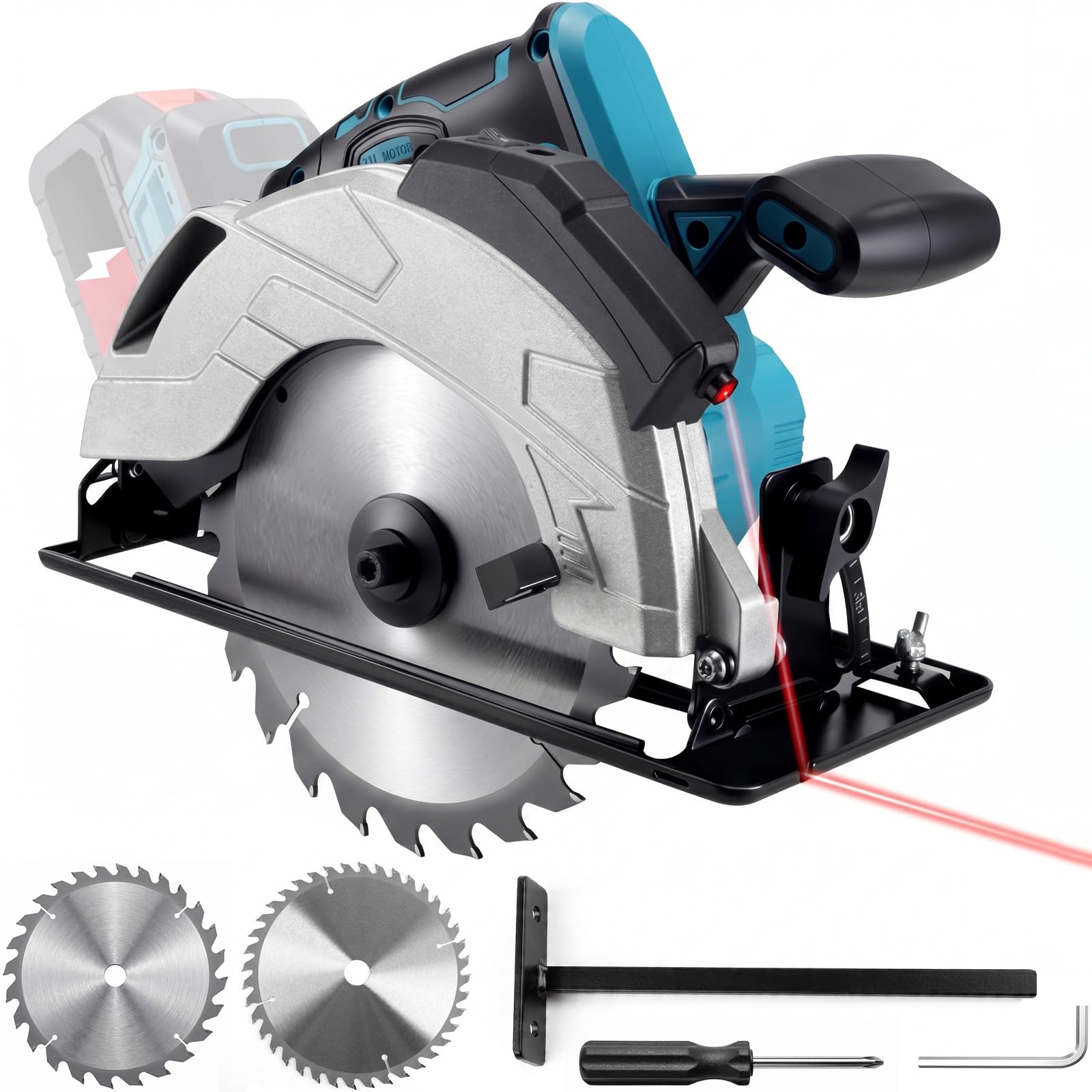 Akumulatorowa ręczna piła tarczowa 185 mm, kompatybilna z Makita 18 V – elektryczna piła tarczowa z wbudowaną prowadnicą laserową, silnik bezszczotkowy, 5000 obr./min, cięcie ukośne 0-45°, w zestawie