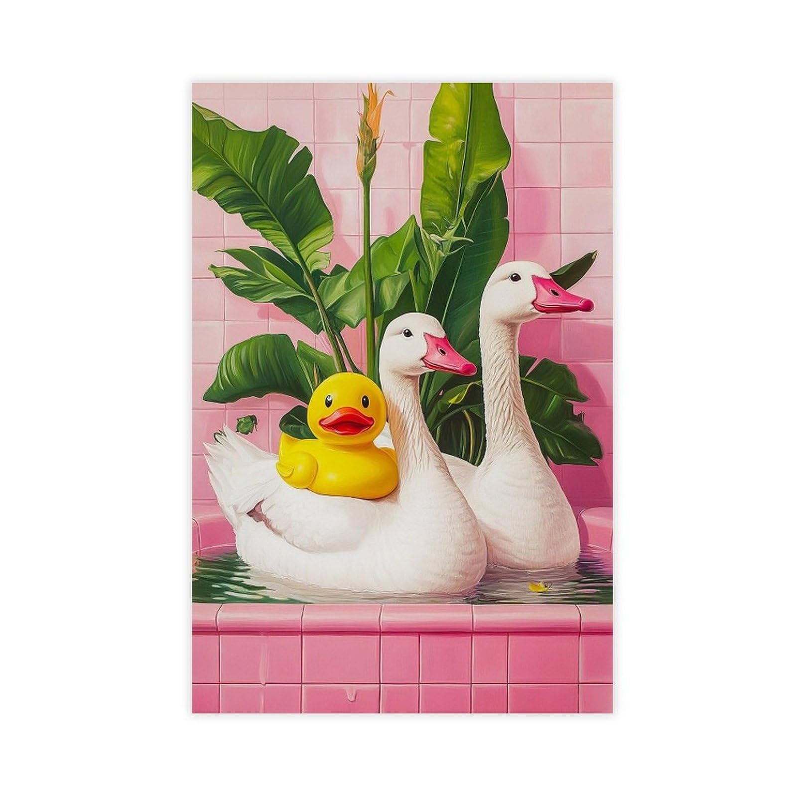 Duck In Bathtub Poster,Pink Bathroom Wall Art,Rubber Ducky Print,Maximalist Funny Animal In Bath Dopamine Decor Preppy Colourful Goose Painting