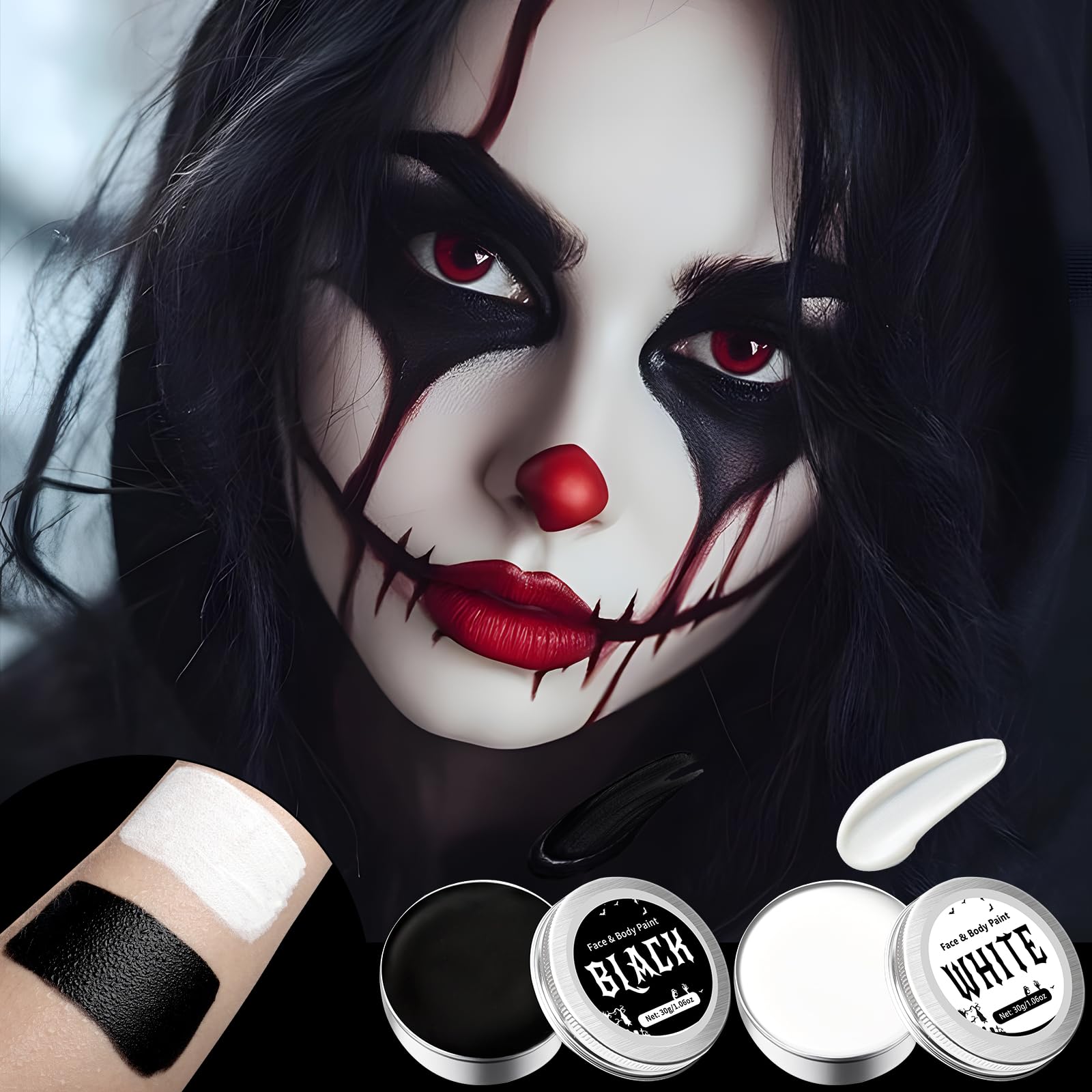 Trucchi Bianco e Nero per Viso Halloween, Trucchi Halloween Make up, Trucco Carnevale Halloween Bambini Donna Adulti, Bianco e Nero Body Painting per Carnevale Feste Clown Effetti Speciali Sfx 60g