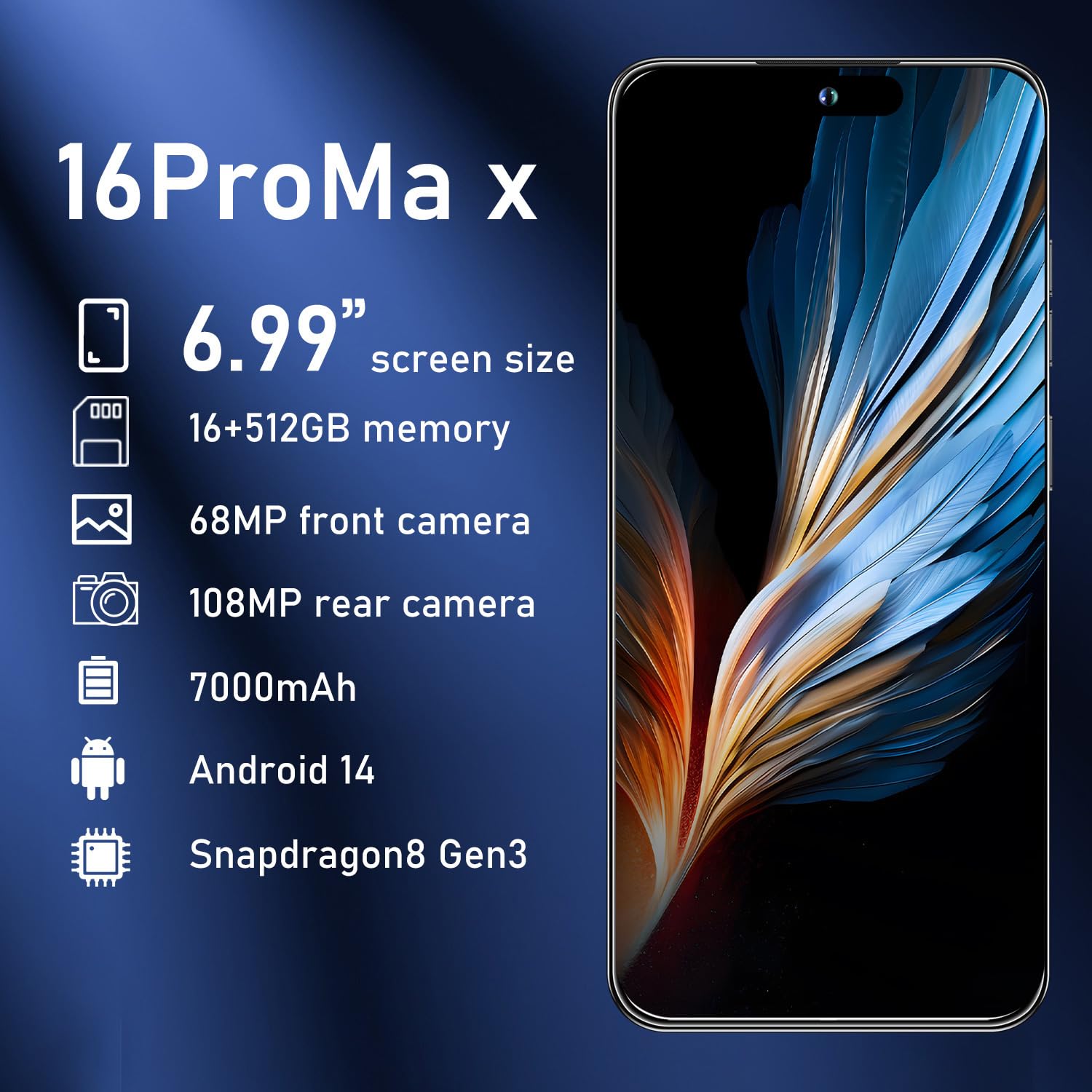 16PROMA X Smartphone New Upgrade 12GB+512GB/6.99" Display 68+108MP Zoom Camera,Tempered Glass Finish, 7000mAh Android 14 Smartphone (White)