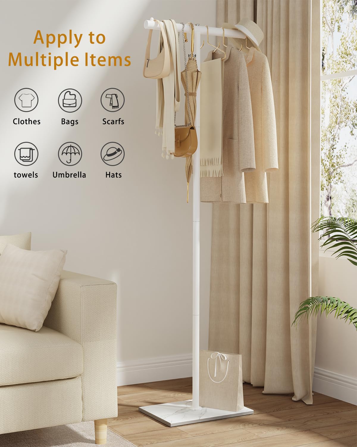 OUTBORS Metallo Attaccapanni da Terra, Appendiabiti da Ingresso Moderno, Appendino da Terra Moderni a Forma di T, Corridoio, Camera da Letto, Ufficio, 39 x 26 x 175 cm,Bianco