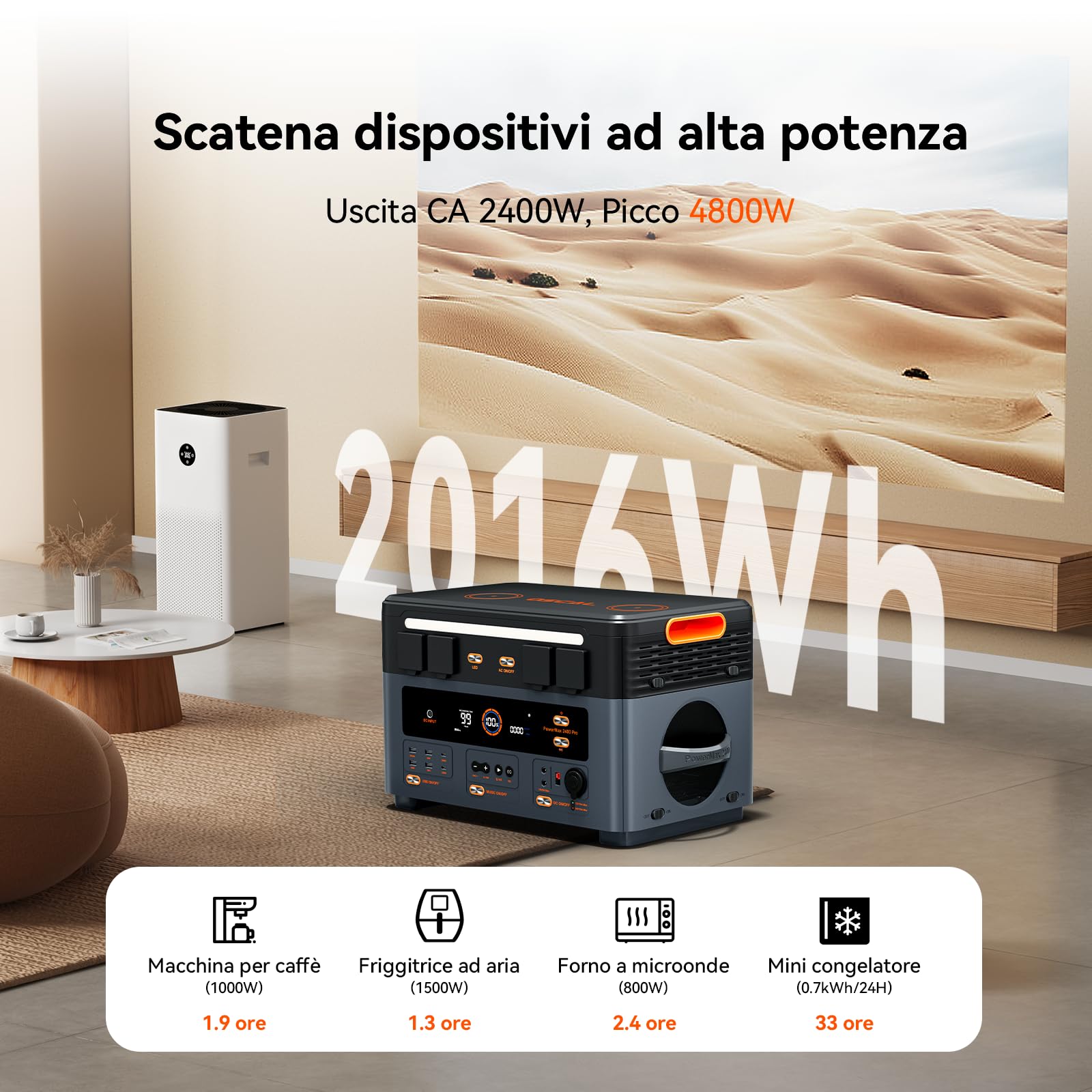 OSCAL PowerMax 2400Pro Centrale Elettrica Portatile (Modello 2025 aggiornato), batteria LiFePO4 2016 Wh, 2400W(Picco 4800W), on/off grid, Due altoparlanti, UPS 5ms, ideale per camp/camper/emergenze