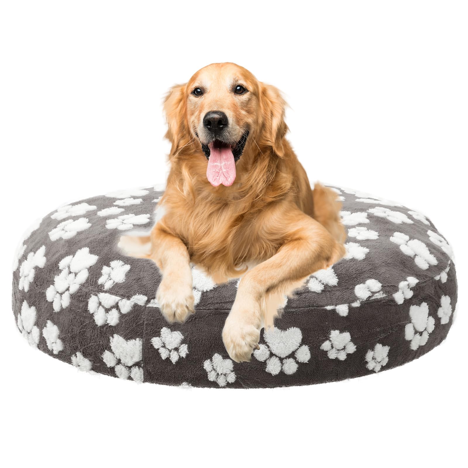 Sutowe Round Dog Bed Cover with Lovely Dog Paw, Sturdy and Soft Cotton Fleece Replacement Waterproof Pet Bed Cover Print and Double Sided Usable Design for Pet(dark grey,114CM)