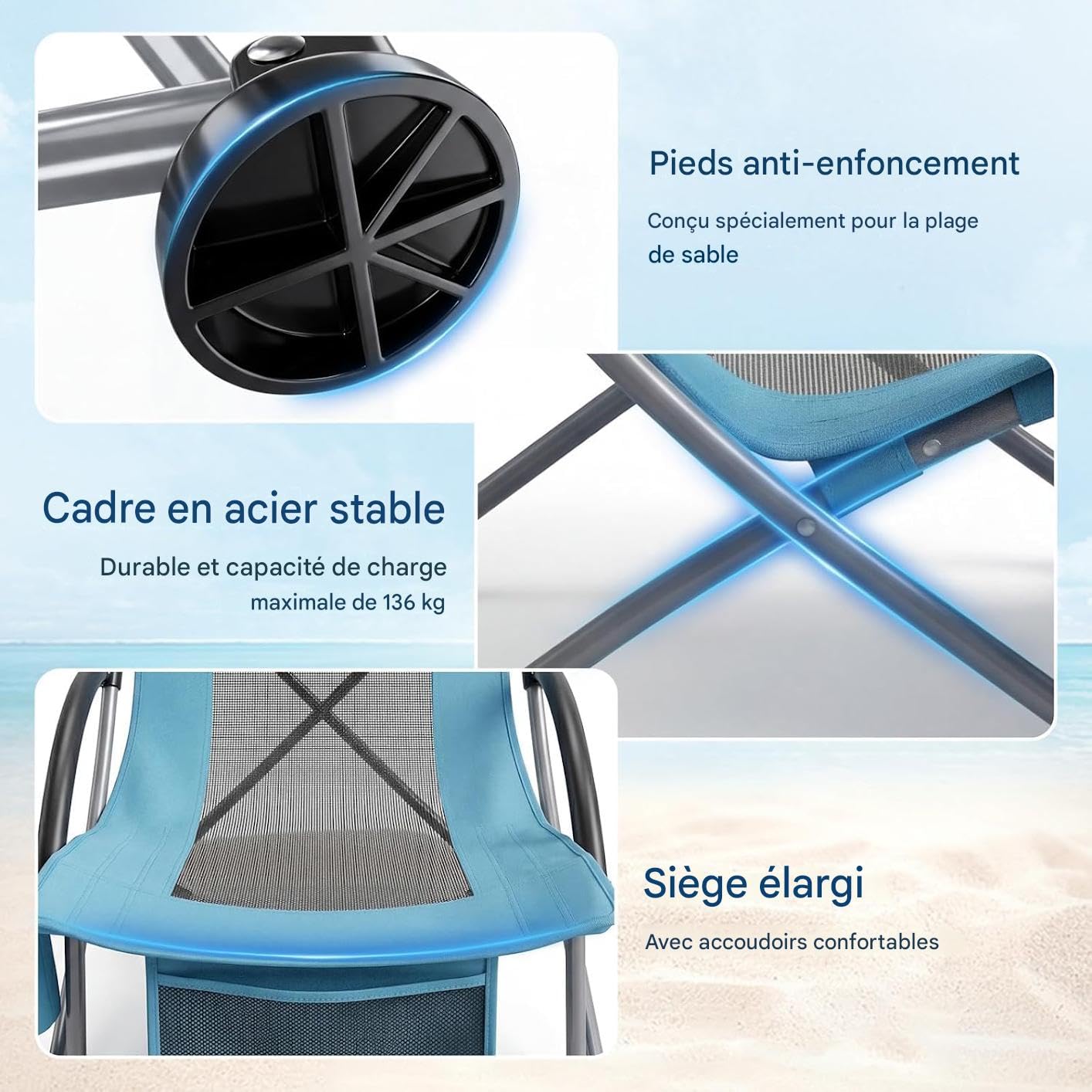Garvee Chaise De Plage Pliante Robuste Et Légère, Chaise Plage Pliante Legere Inclinable, Sangles Sac à Dos, Poche Téléphone, Porte-Gobelet, Idéale pour Camping (Bleu, 2packs)