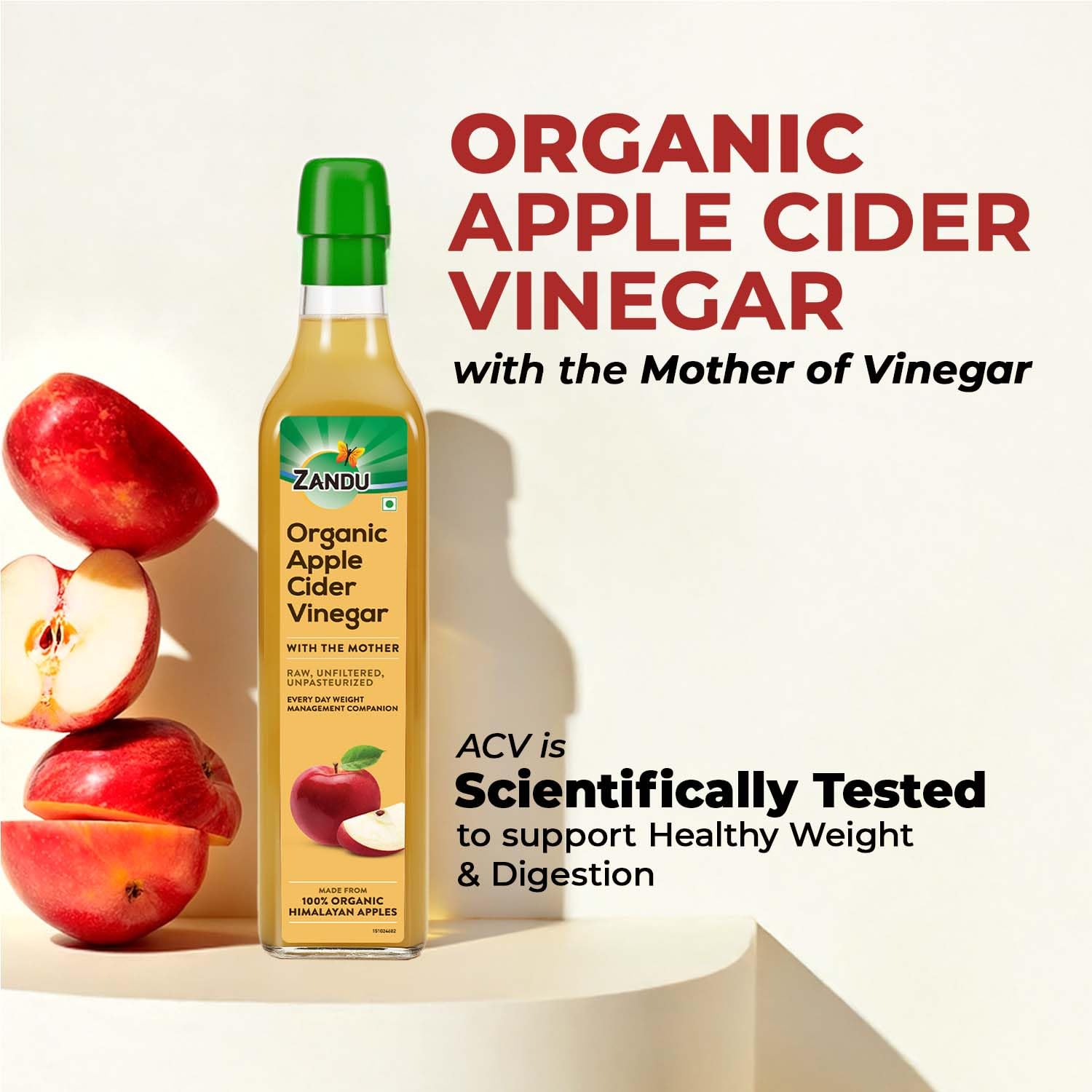 Zandu Organic Apple Cider Vinegar with Mother | Scientifically Tested | Raw, Unfiltered, Unpasteurized | Supports Healthy Weight & Digestion | 100% Organic Apples | 500ml