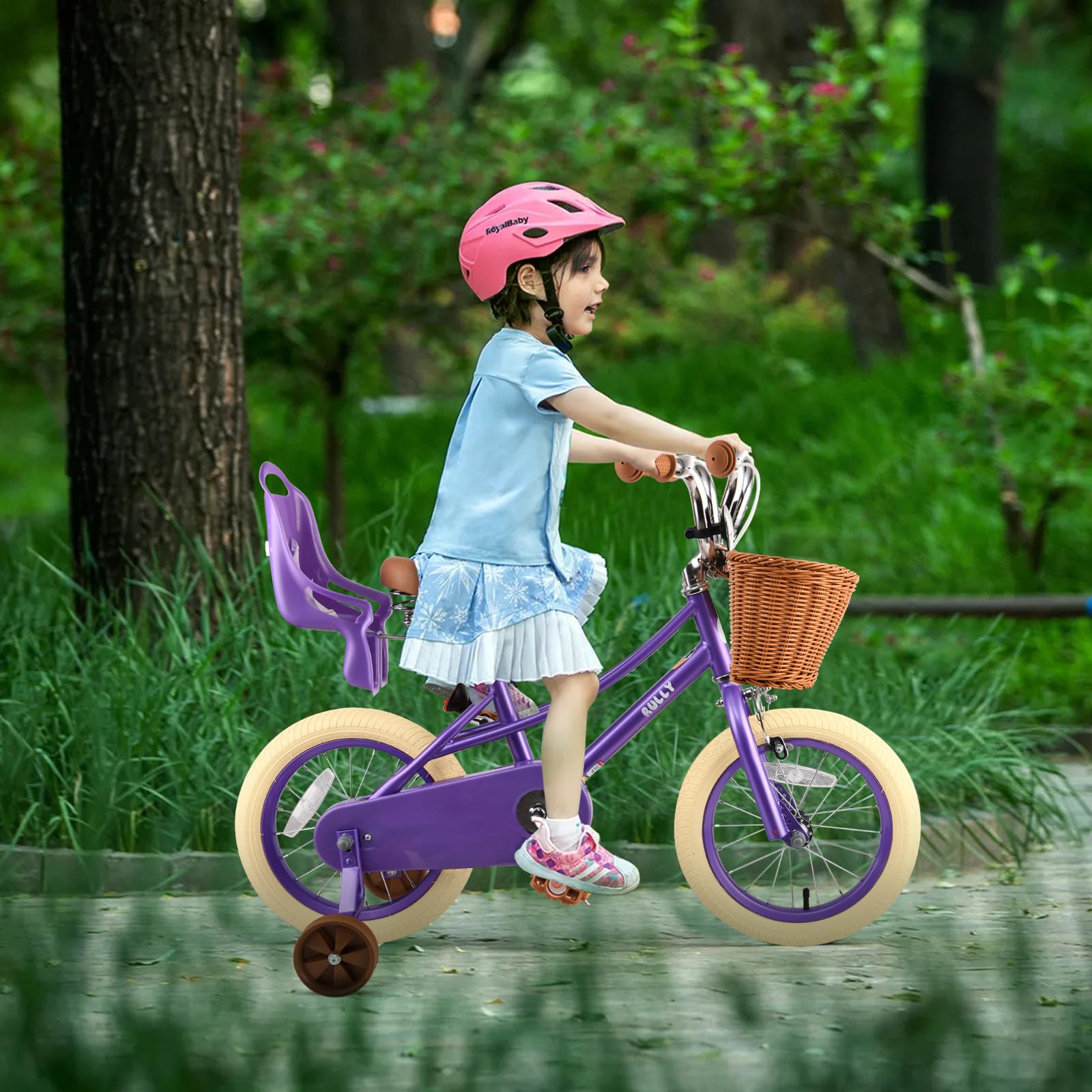 RULLY Bicicletta per Bambina 12 14 16 Pollici 2-7 Anni con Seggiolino per Bambola, Rotelle, Cestino e Nastri