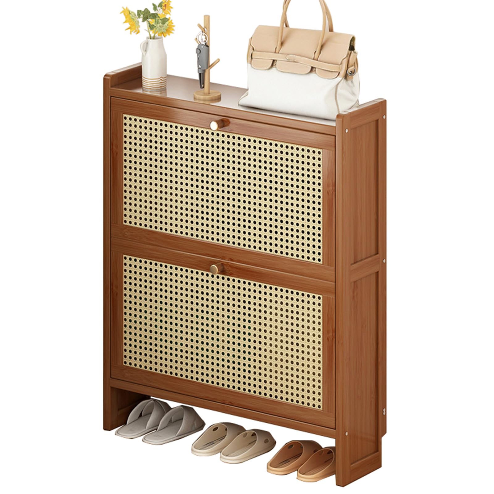 Zapatero estrecho de bambú delgado de 6.7 pulgadas para entrada, almacenamiento que ahorra espacio con puertas abatibles para tenis y pantuflas (marrón, 68 x 17 x 87 cm), elegante y funcional