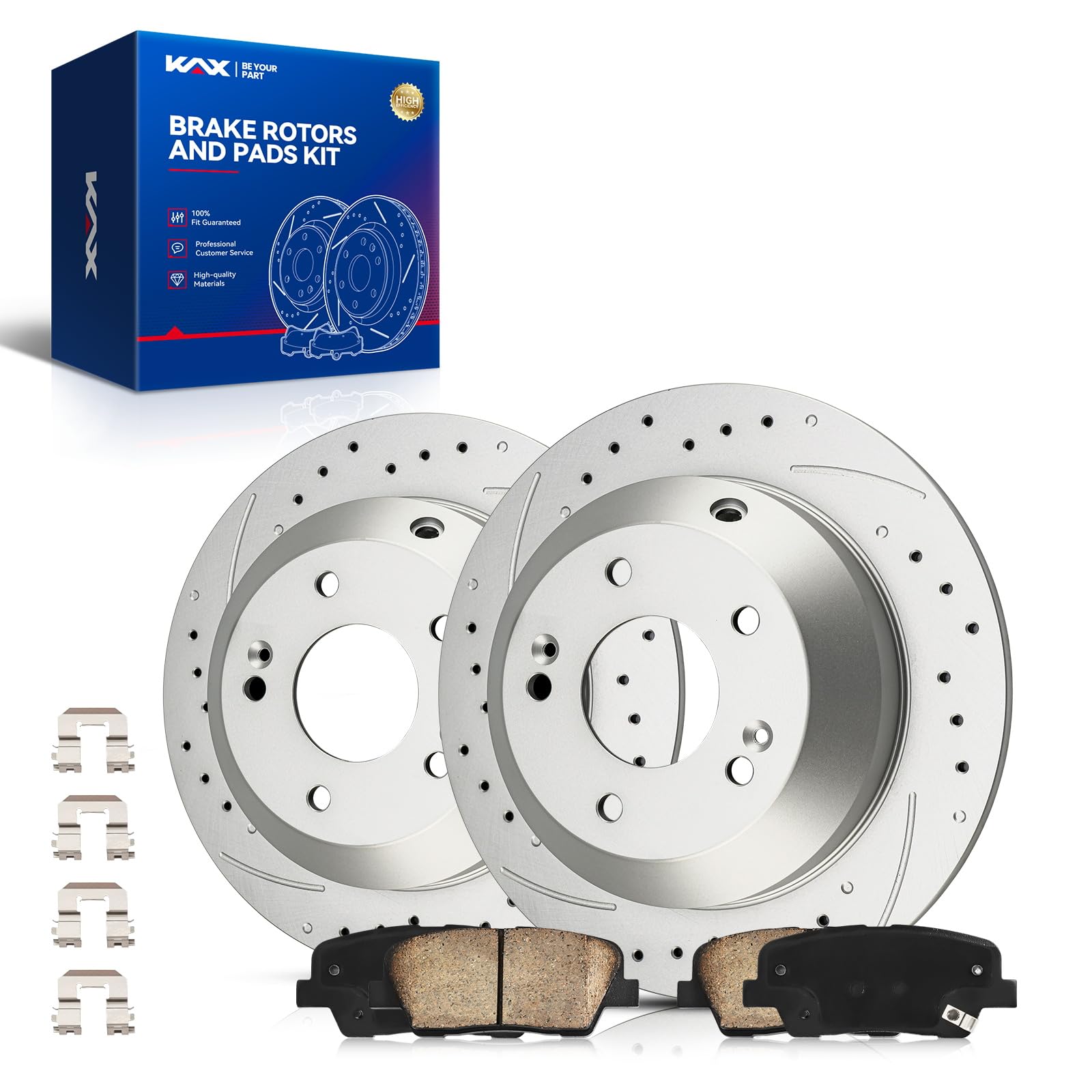 KAX Rear Brake Kit, Drilled and Slotted Brake Rotors, Ceramic Brake Pads | Fits Kia Sorento 2011-2014, Hyundai Santa Fe 2010-2016, Automotive Replacement Brake Kit