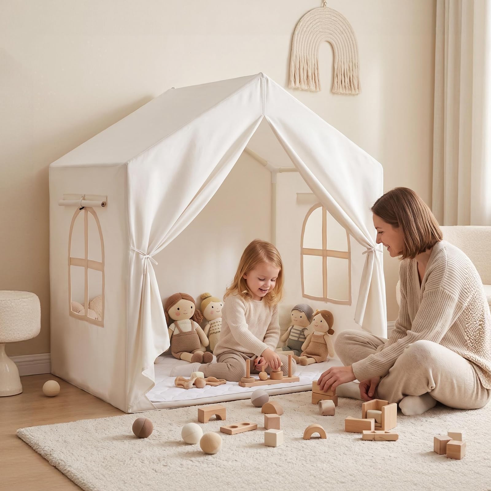 Kinderzelt für Spielzelt Kinder Indoor: Zelt Kinder Kinderzimmer - Spielzelte Kinderspielhaus mit Matte und Fenster - Prinzessin Zelt für KindGeschenk für Mädchen und Jungen(Cremeweiß)