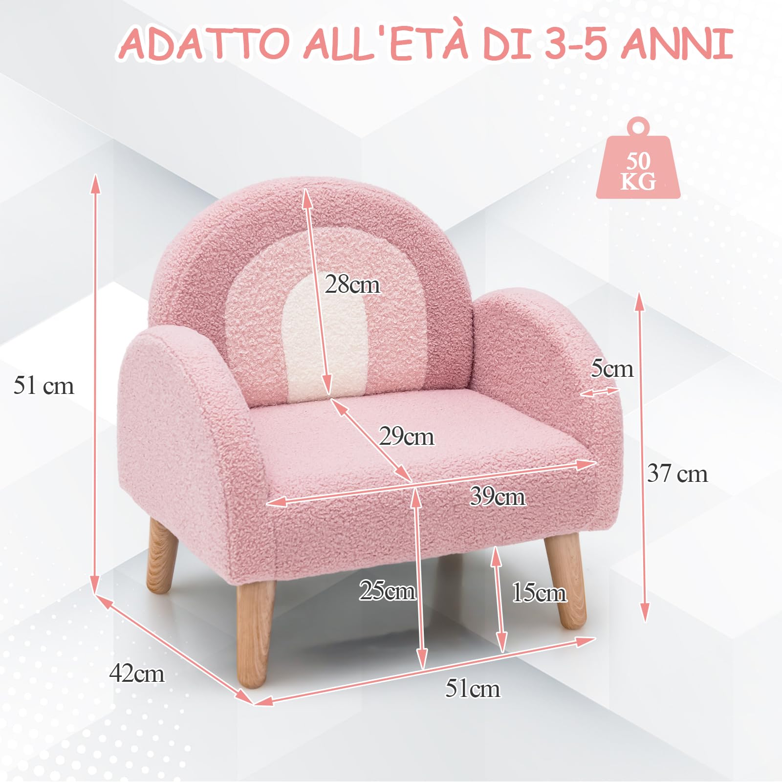 Poltrona Bambini 2-8 Anni - Legno Di Faggio, Imbottita, Rosa, Carico 75kg - Foto 2