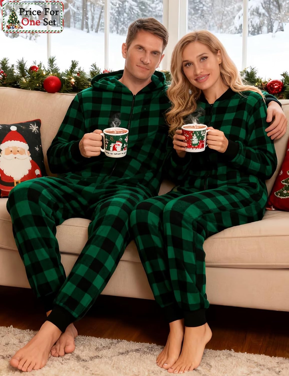 SWOMOG Couples One Piece Pajamas Sets Christmas Men & Women Fleece Winter Loungewear Zip-Up Jumpsuit with Pockets Pjs - Image 3