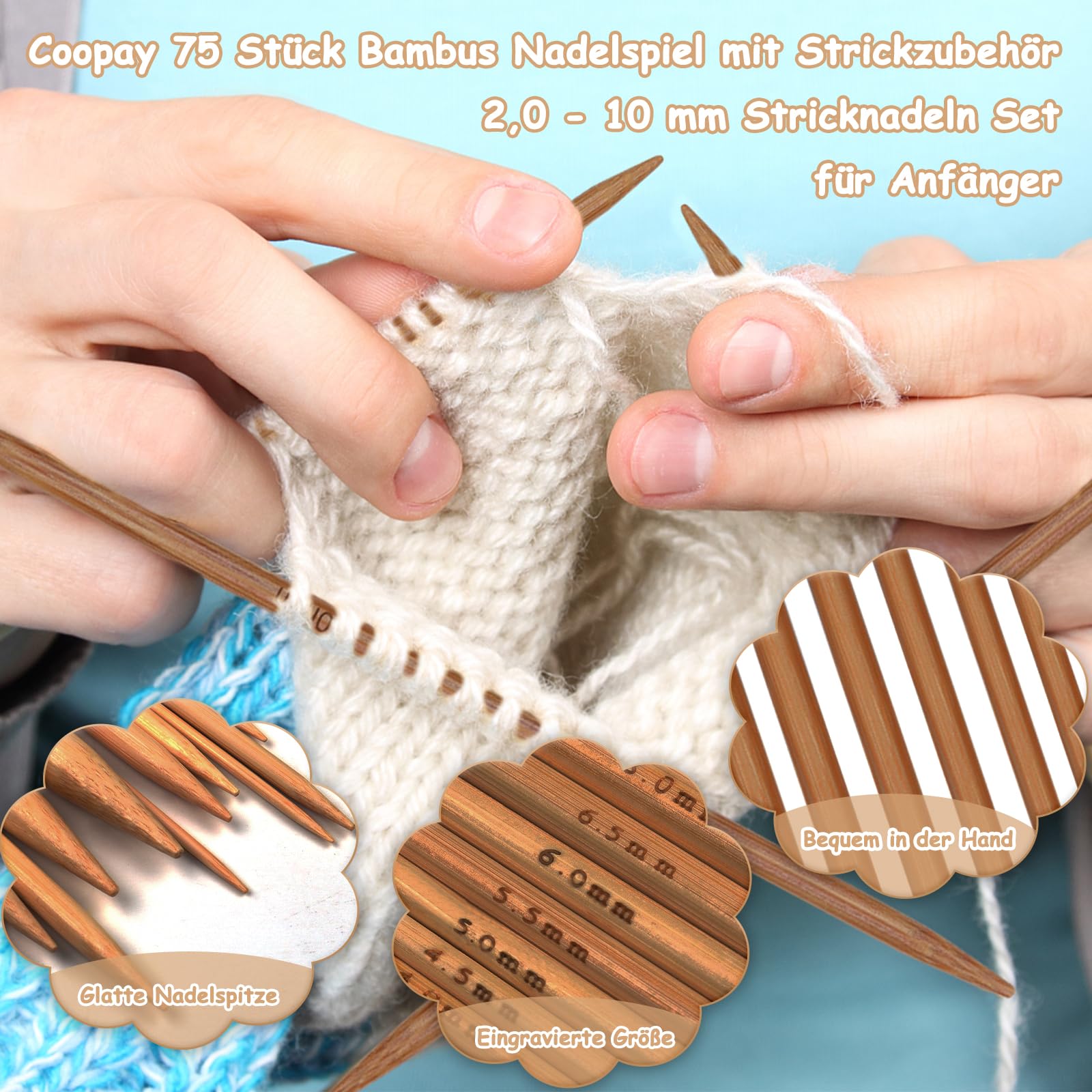 Knitting Needles Set 75 Pezzi Ferri Da Maglia In Bambù Doppia