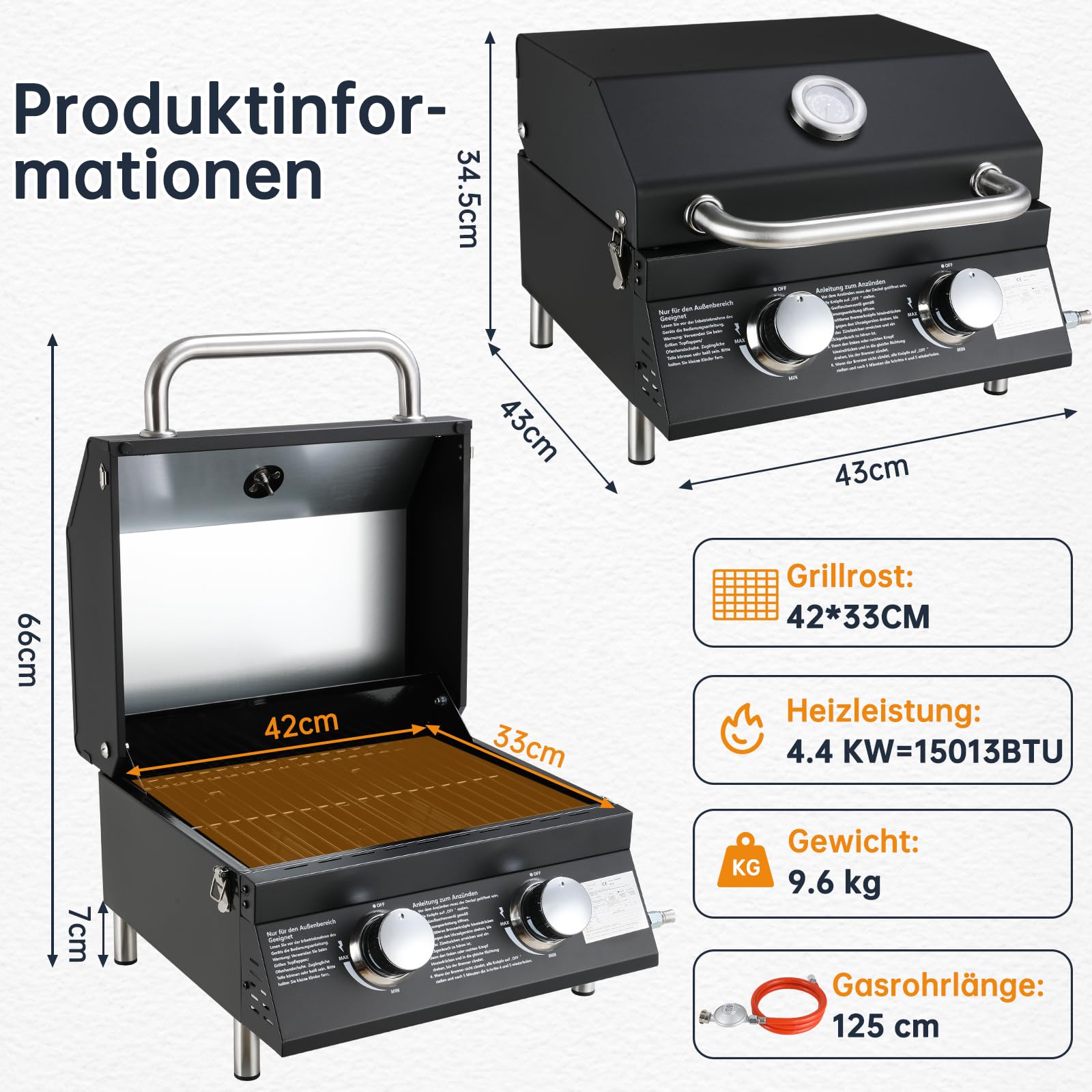 TLSUNNY 2 Brenner Gasgrill Klein, Tragbarer Tischgasgrill Kompakt mit Emaillierter Grillrost, Thermometer, Camping Gasgrill für BBQ, Balkon, Garten, 4.4kW, 42x33 cm Grillfläche, 4 PCS Füße, Schwarz