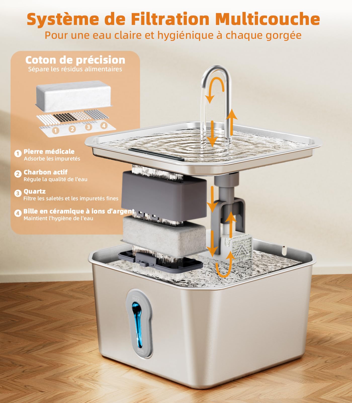 4L Fontaine a Eau Chat INOX avec 6 Filtres Automatique Fontaine à Eau pour Chat Animaux Ultra Silencieux Mangeoirs et Abreuvoirs pour Chats